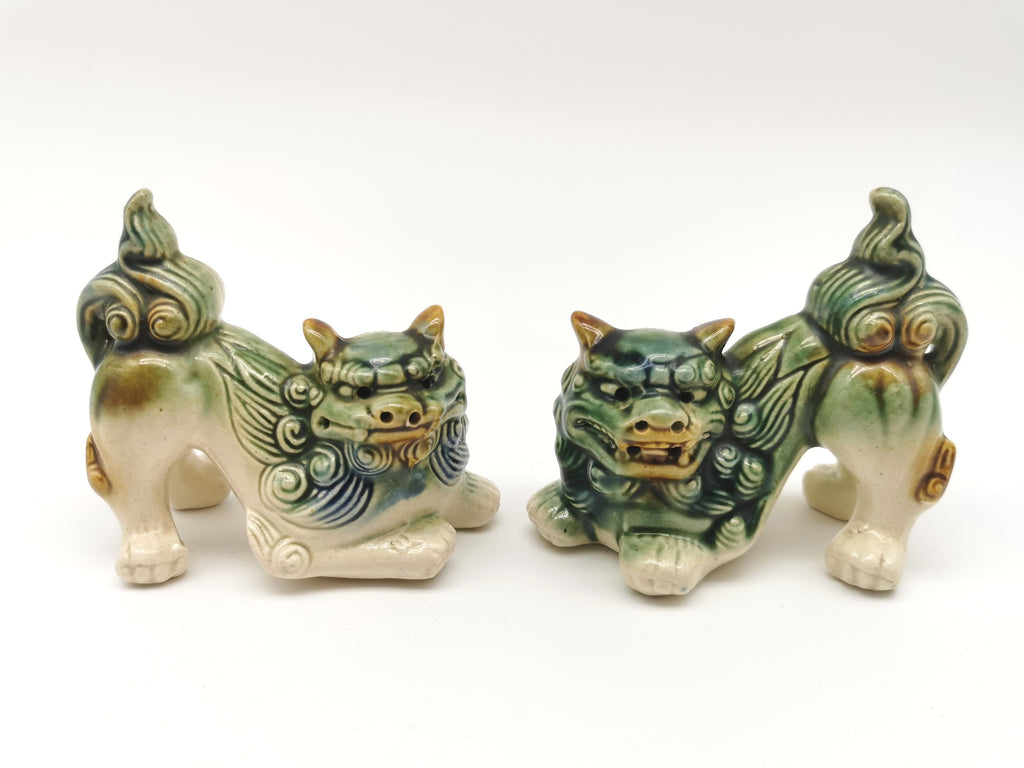 Pair of Vintage Chinese Glazed Ceramic Foo Dogs – Green and Blue Guardian Lion Figurines