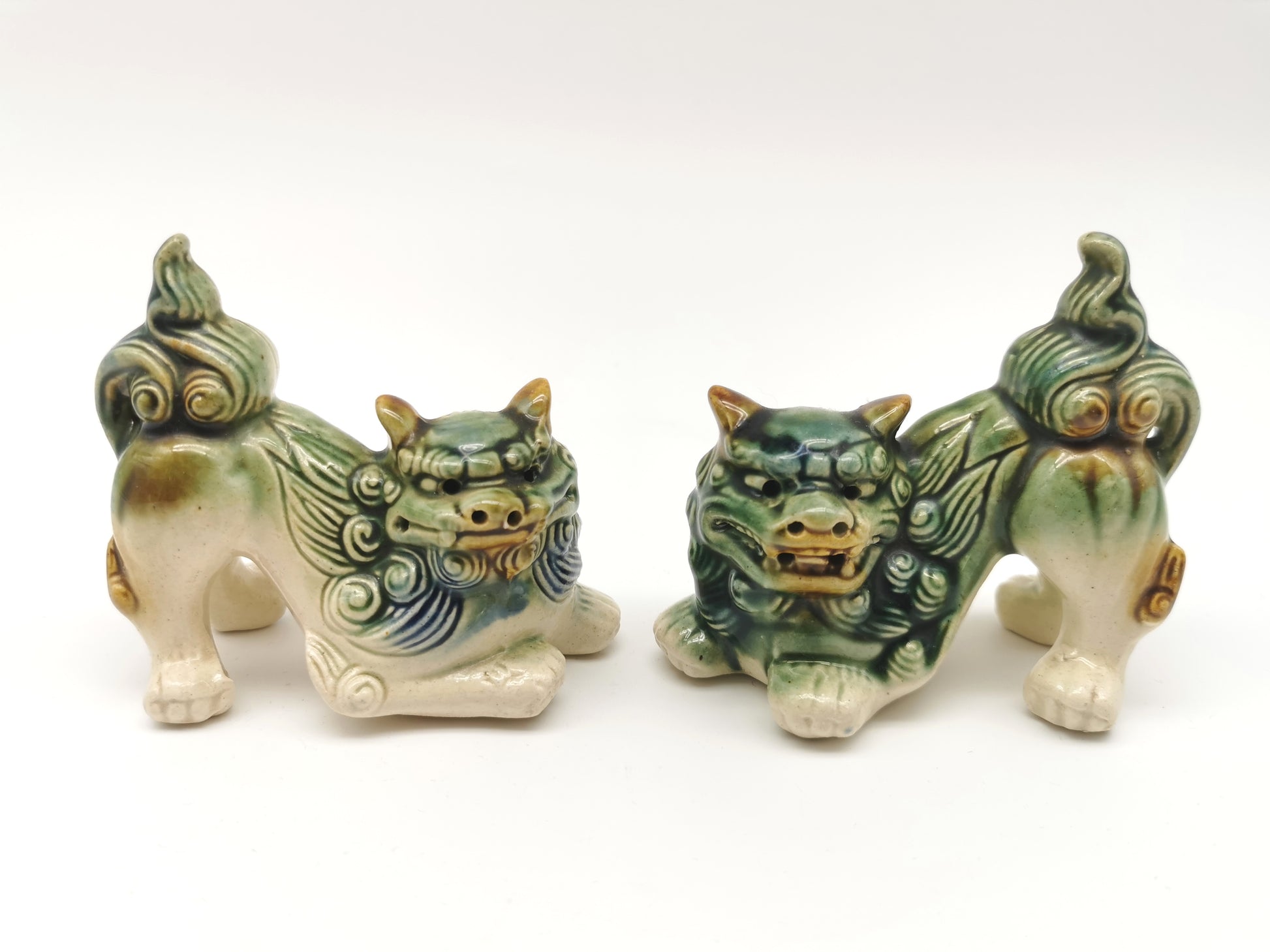 Pair of Vintage Chinese Glazed Ceramic Foo Dogs – Green and Blue Guardian Lion Figurines