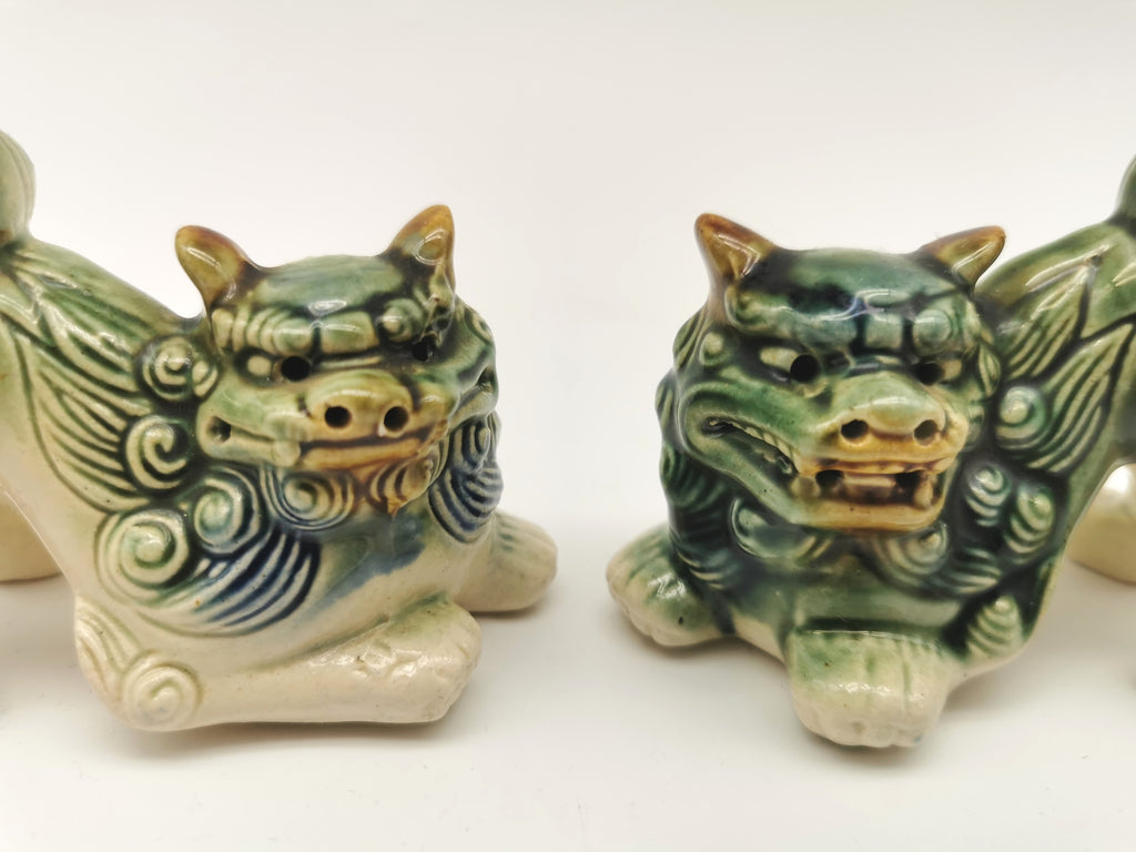 Pair of Vintage Chinese Glazed Ceramic Foo Dogs – Green and Blue Guardian Lion Figurines