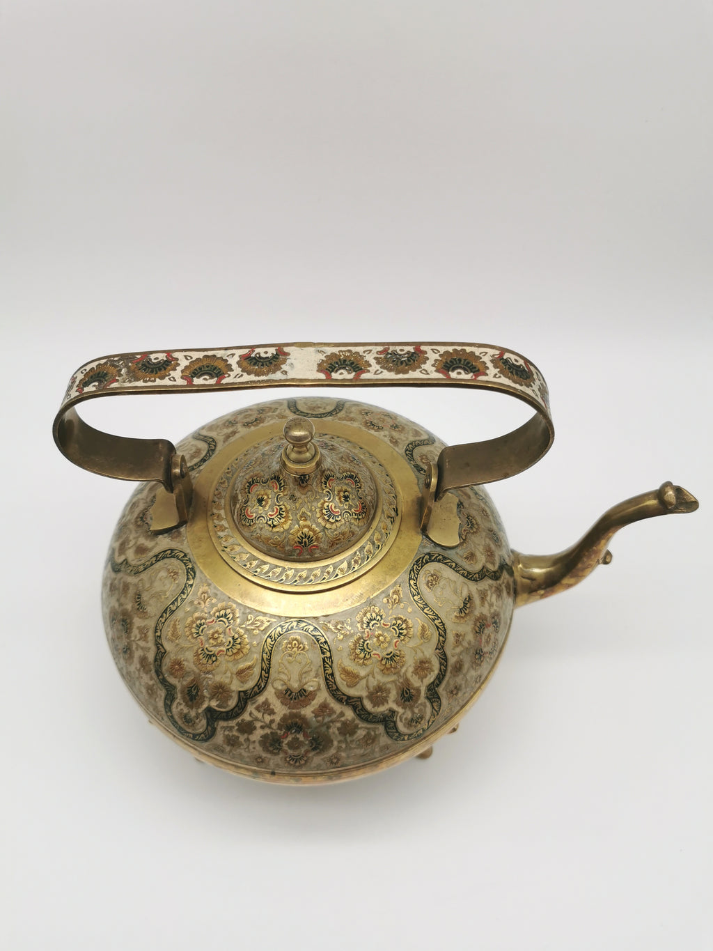 Large Vintage Indian Chinar Leaf Brass Tea Kettle / 4-Legged Cloisonne Teapot with  Enamel