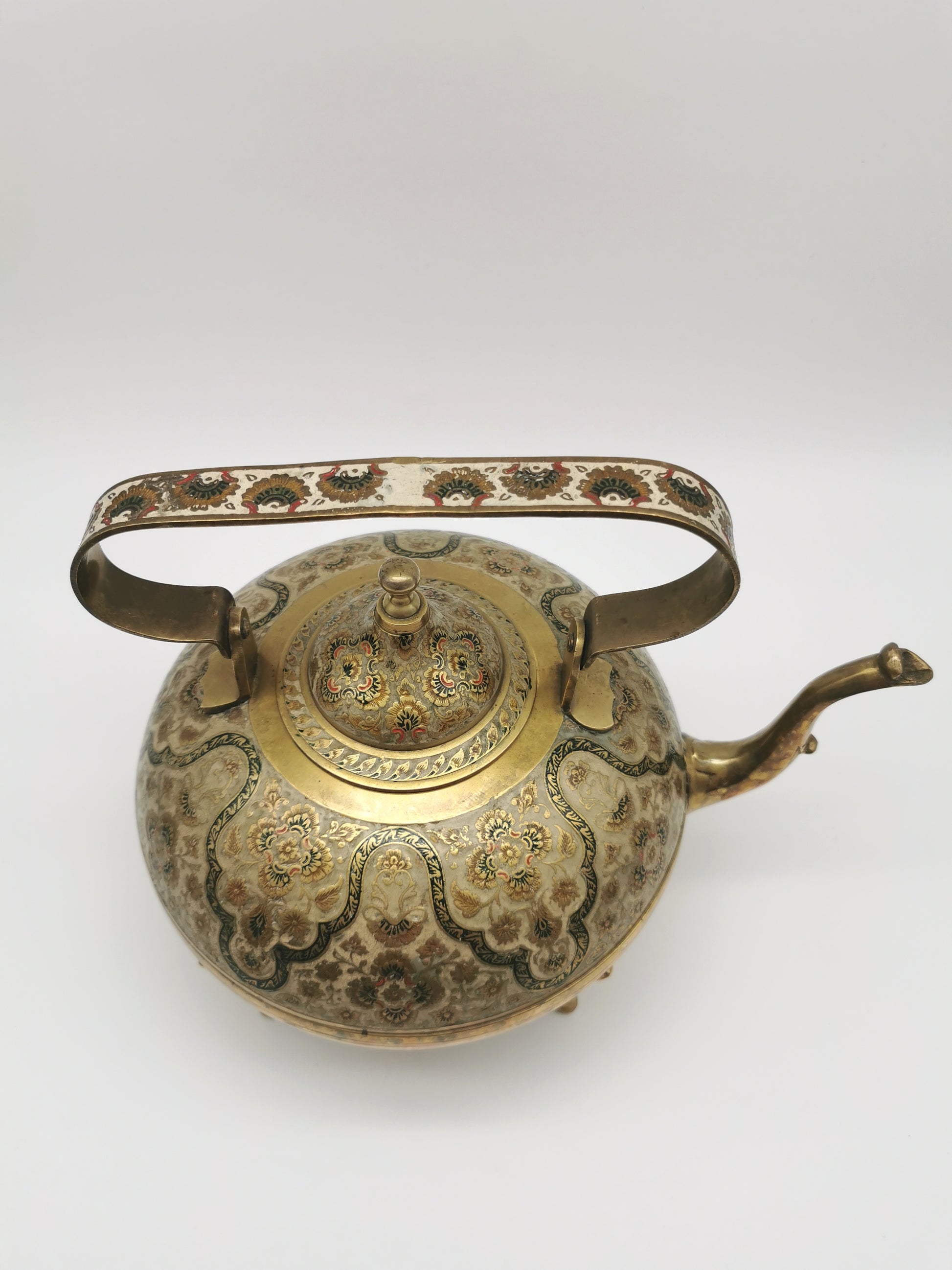 Large Vintage Indian Chinar Leaf Brass Tea Kettle / 4-Legged Cloisonne Teapot with  Enamel