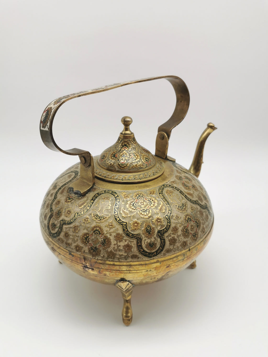 Large Vintage Indian Chinar Leaf Brass Tea Kettle / 4-Legged Cloisonne Teapot with  Enamel
