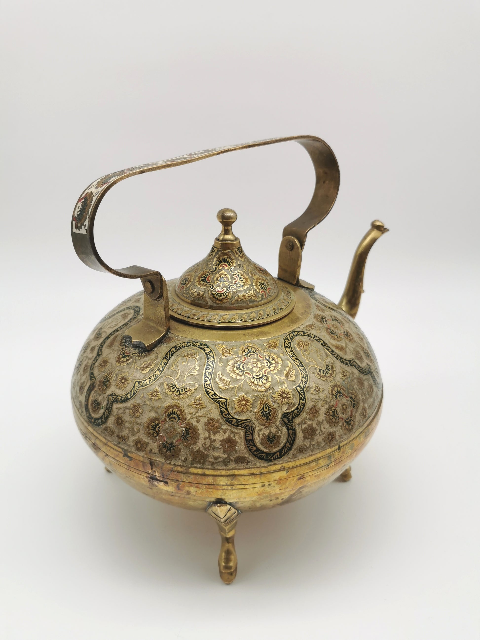 Large Vintage Indian Chinar Leaf Brass Tea Kettle / 4-Legged Cloisonne Teapot with  Enamel