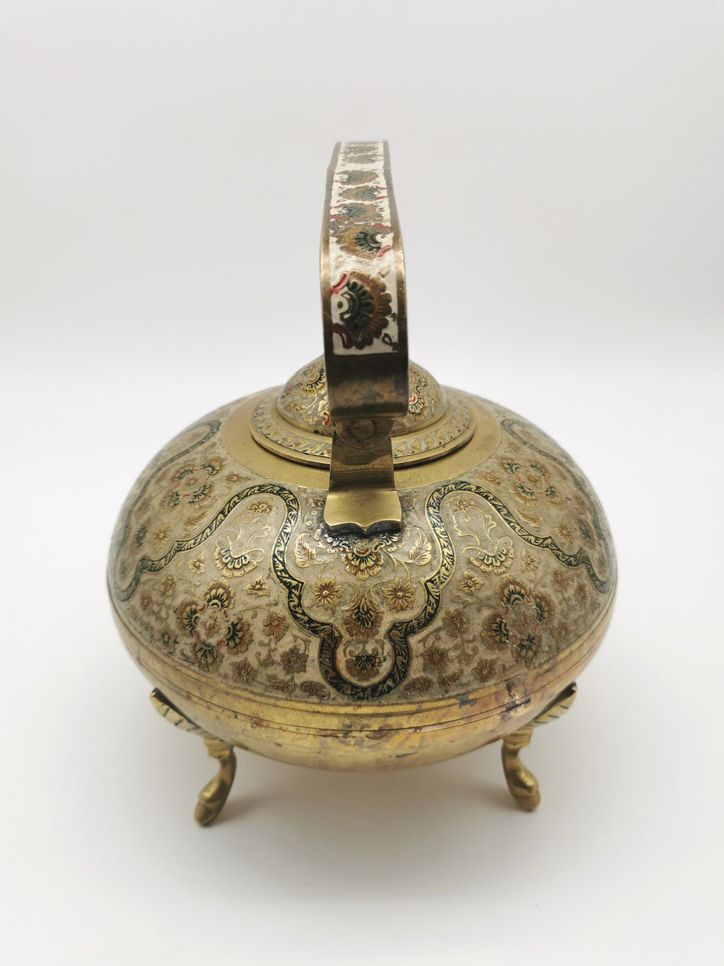 Large Vintage Indian Chinar Leaf Brass Tea Kettle / 4-Legged Cloisonne Teapot with  Enamel