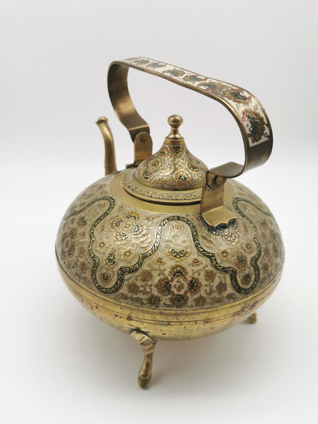Large Vintage Indian Chinar Leaf Brass Tea Kettle / 4-Legged Cloisonne Teapot with  Enamel