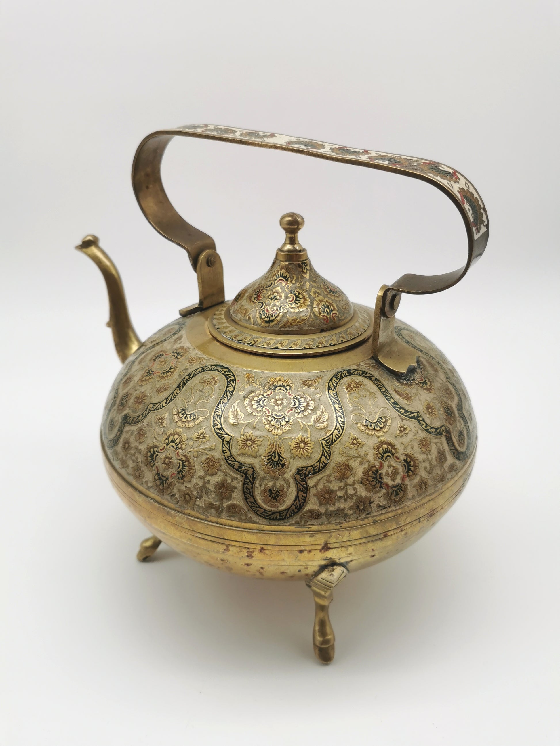 Large Vintage Indian Chinar Leaf Brass Tea Kettle / 4-Legged Cloisonne Teapot with  Enamel