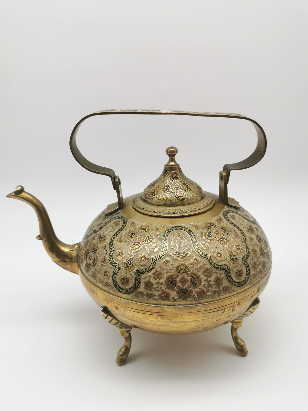 Large Vintage Indian Chinar Leaf Brass Tea Kettle / 4-Legged Cloisonne Teapot with  Enamel