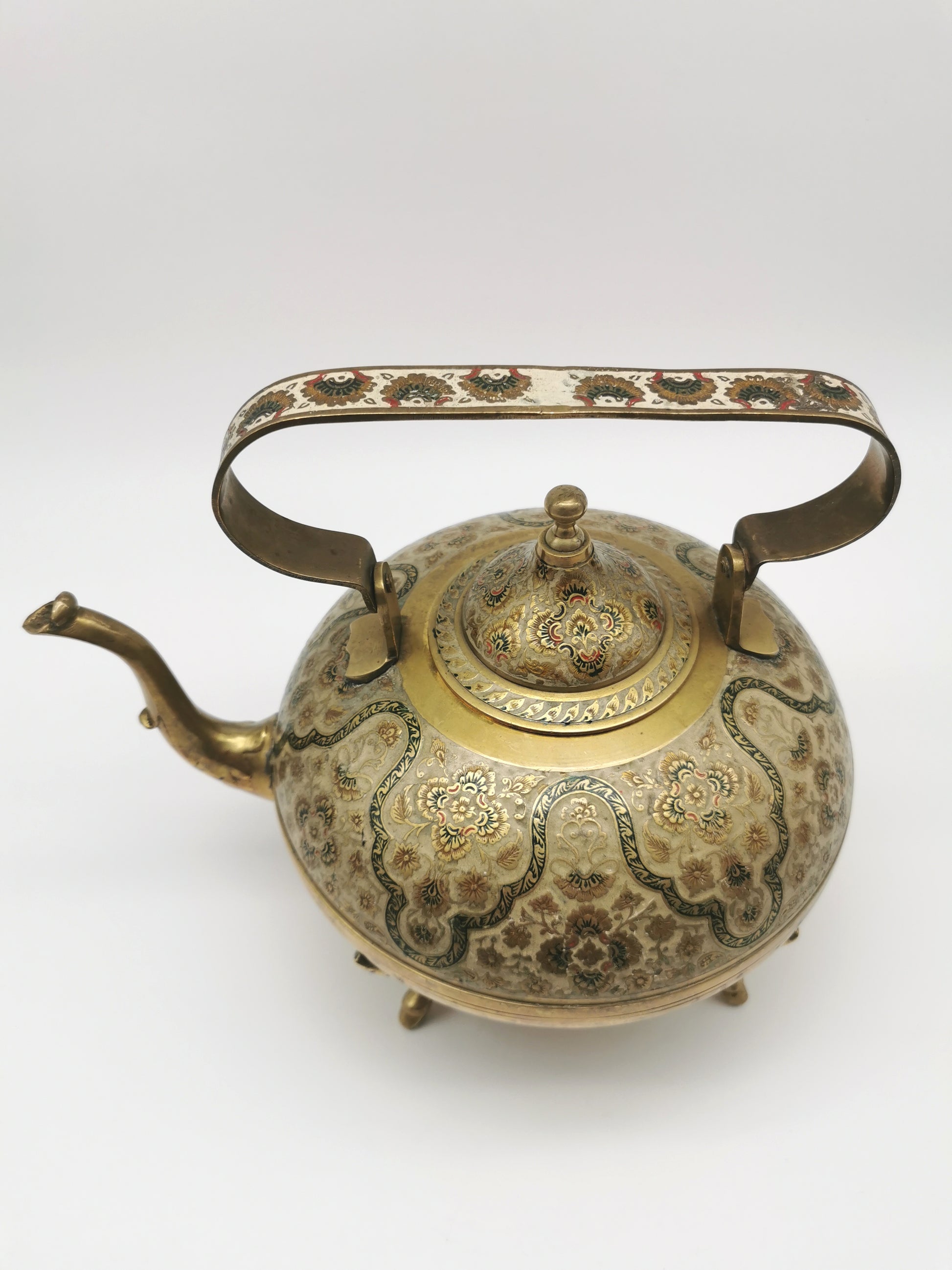 Large Vintage Indian Chinar Leaf Brass Tea Kettle / 4-Legged Cloisonne Teapot with  Enamel