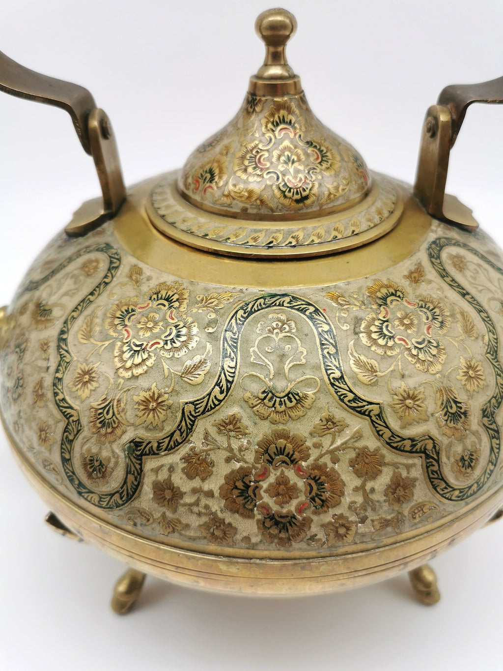Large Vintage Indian Chinar Leaf Brass Tea Kettle / 4-Legged Cloisonne Teapot with  Enamel