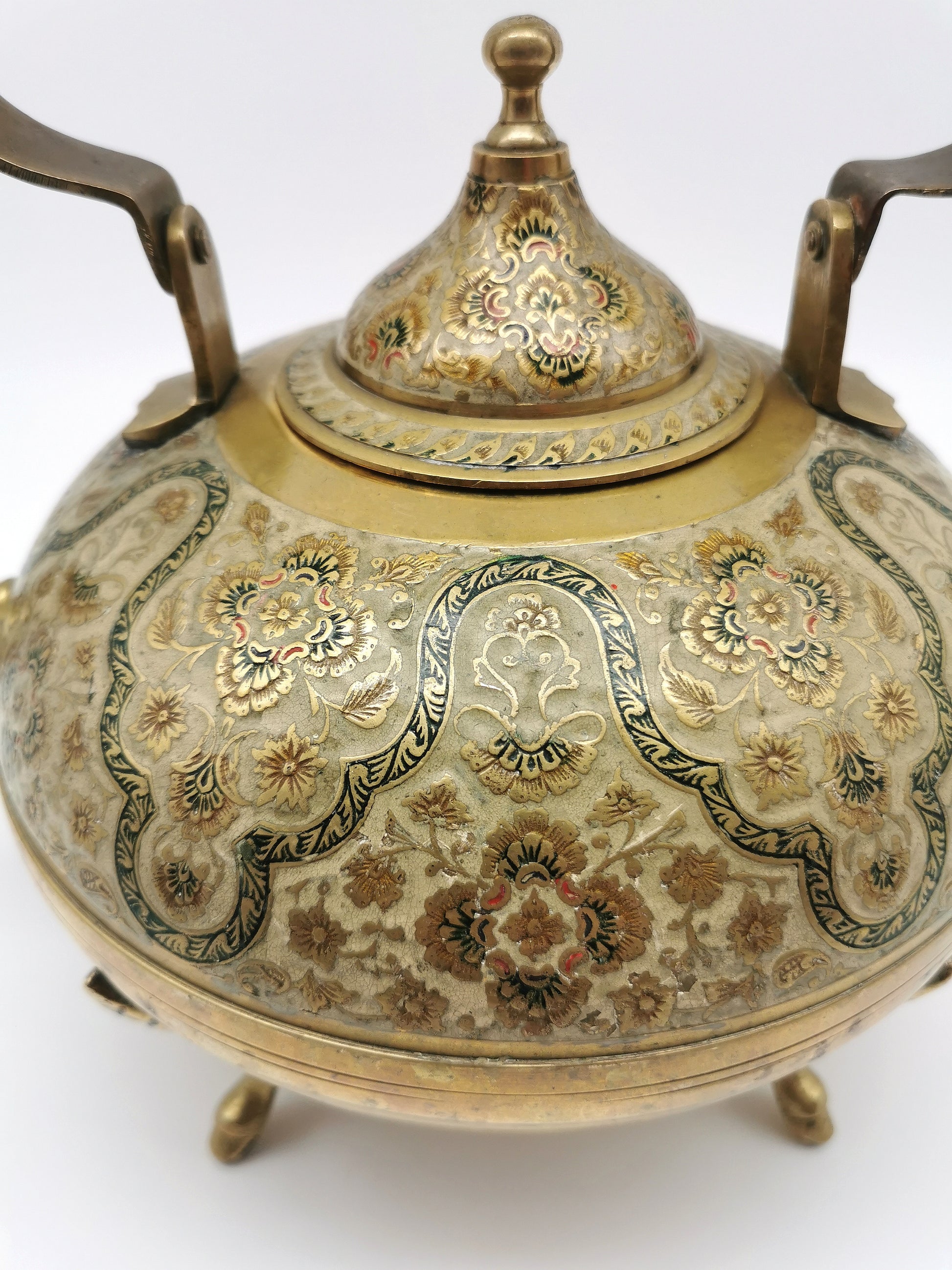 Large Vintage Indian Chinar Leaf Brass Tea Kettle / 4-Legged Cloisonne Teapot with  Enamel