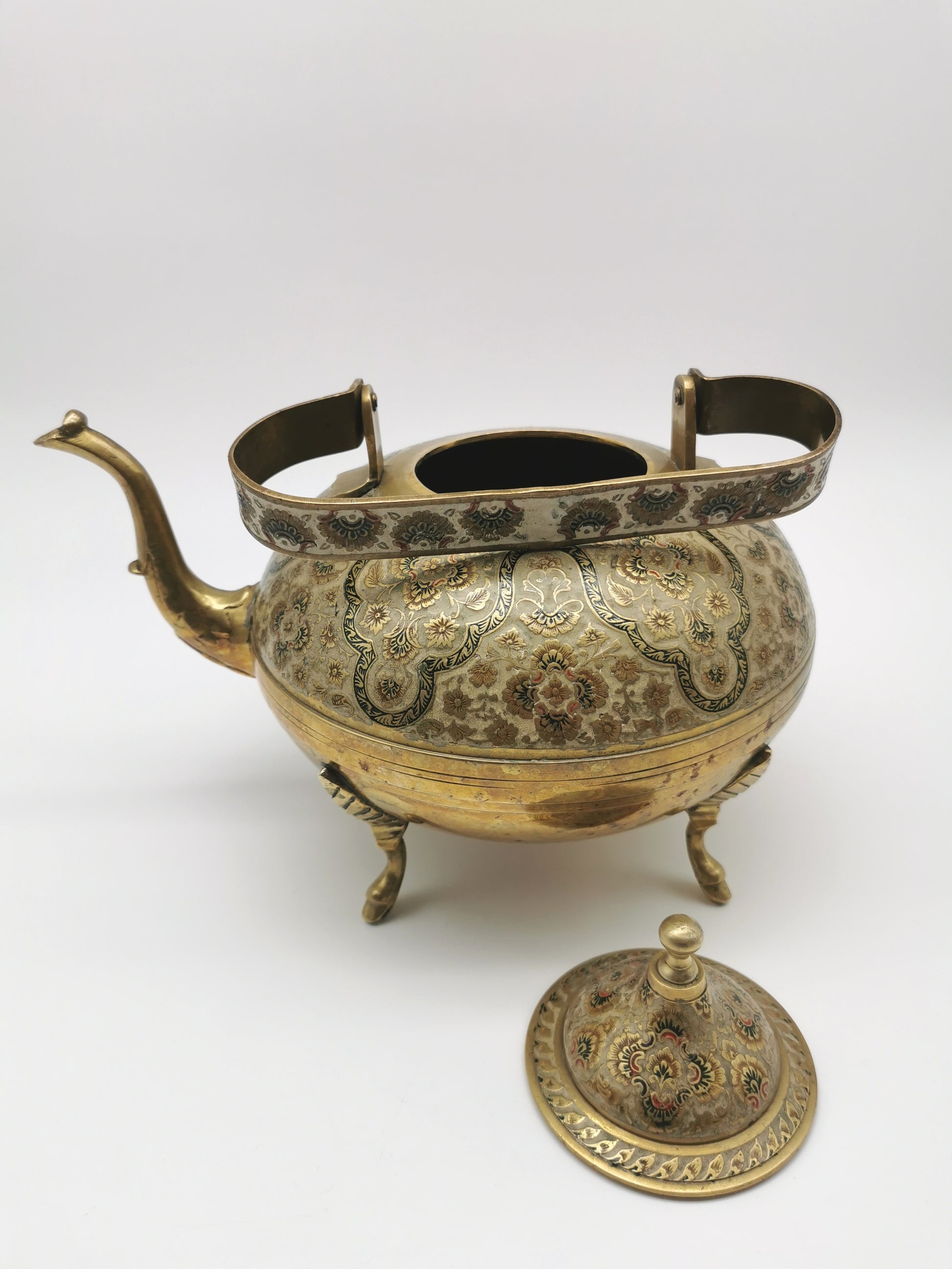 Large Vintage Indian Chinar Leaf Brass Tea Kettle / 4-Legged Cloisonne Teapot with  Enamel