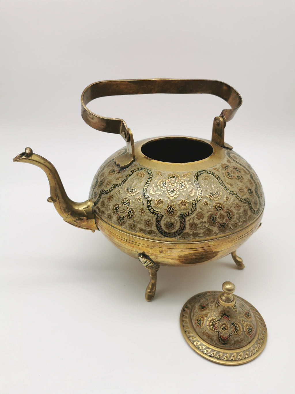 Large Vintage Indian Chinar Leaf Brass Tea Kettle / 4-Legged Cloisonne Teapot with  Enamel