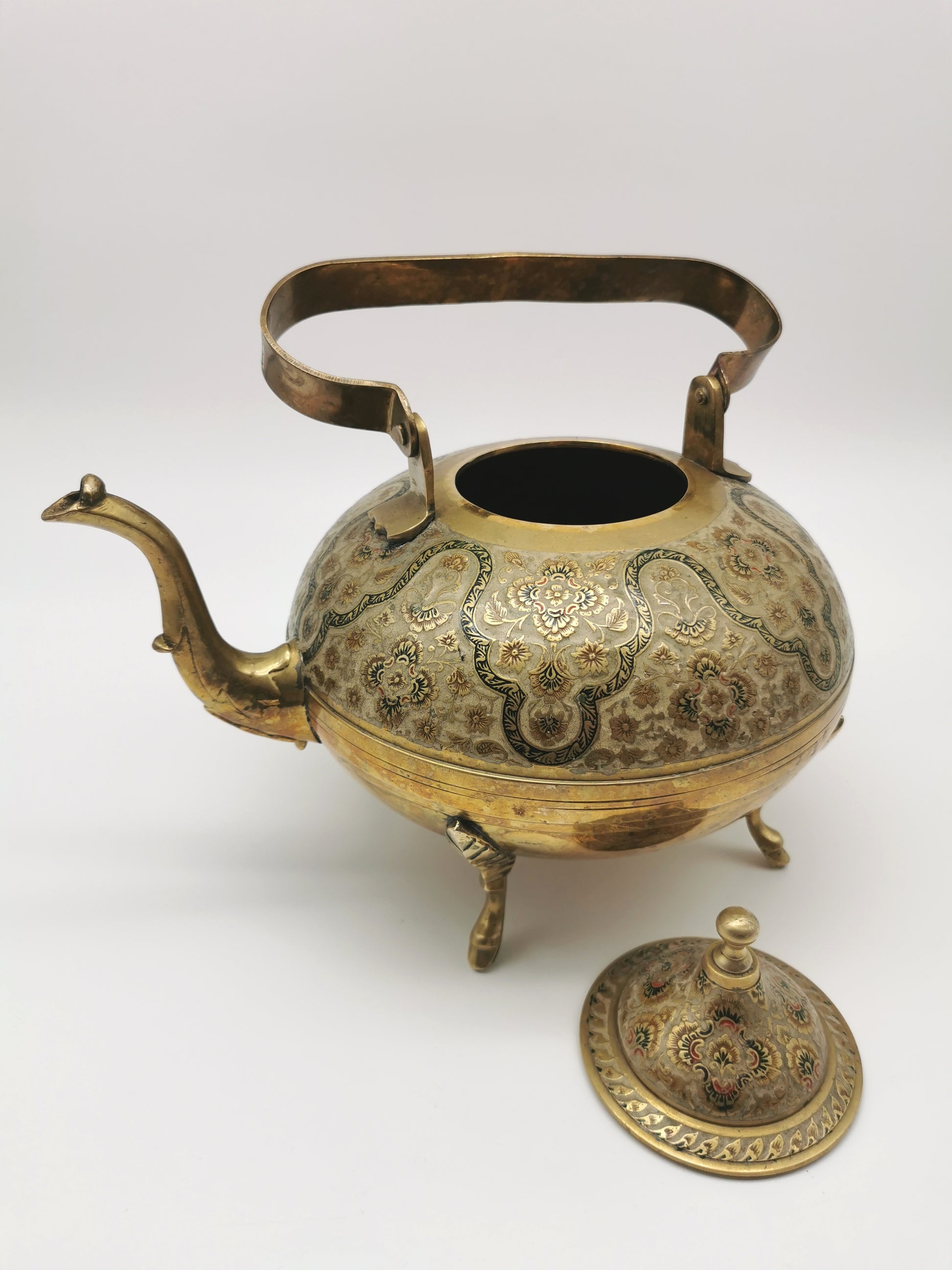 Large Vintage Indian Chinar Leaf Brass Tea Kettle / 4-Legged Cloisonne Teapot with  Enamel