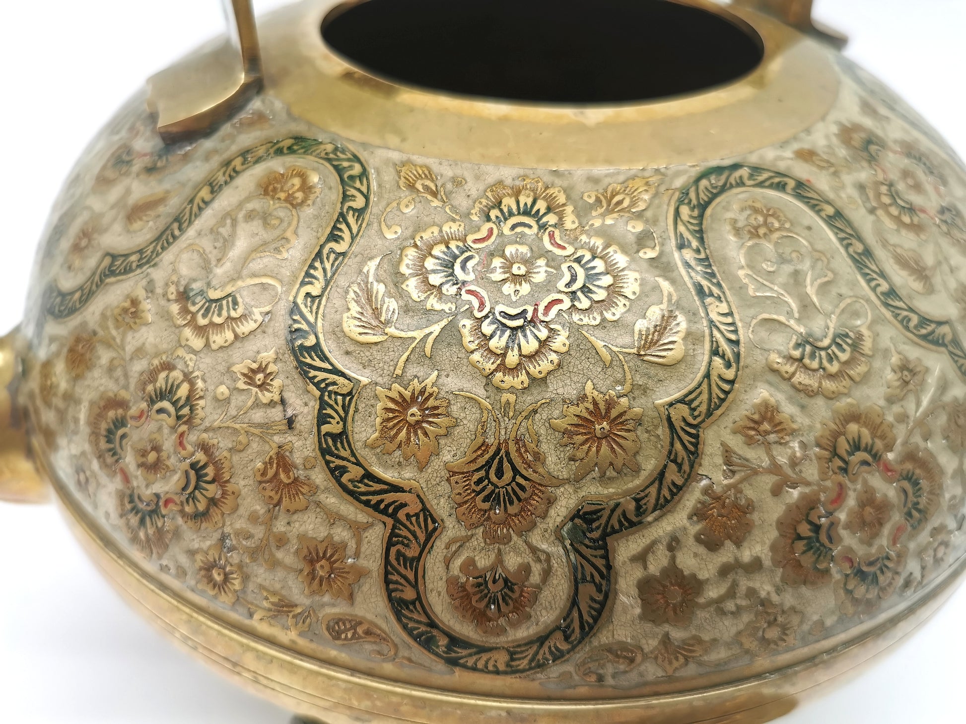 Large Vintage Indian Chinar Leaf Brass Tea Kettle / 4-Legged Cloisonne Teapot with  Enamel
