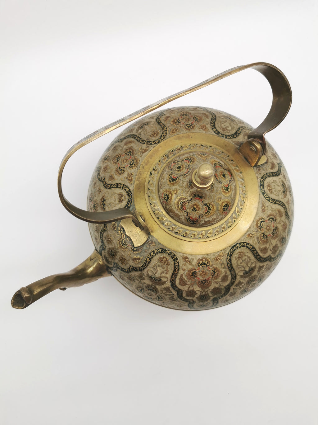 Large Vintage Indian Chinar Leaf Brass Tea Kettle / 4-Legged Cloisonne Teapot with  Enamel