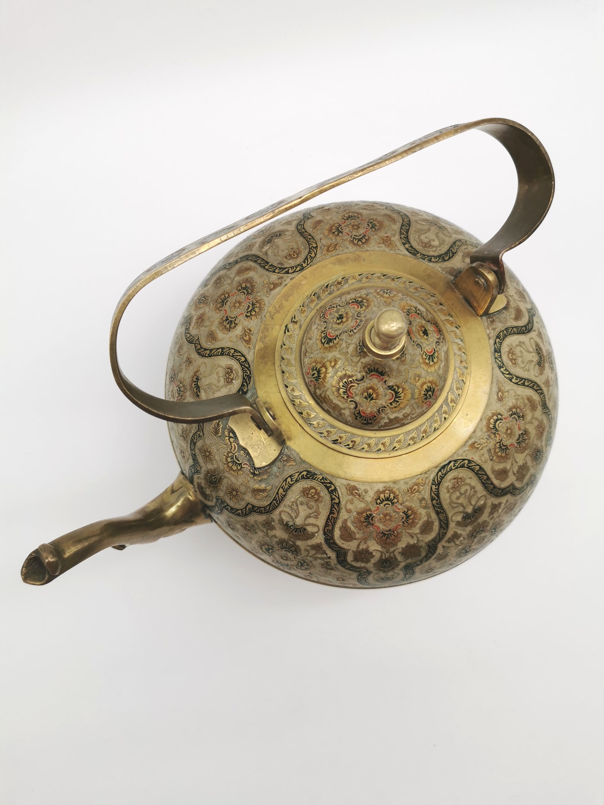 Large Vintage Indian Chinar Leaf Brass Tea Kettle / 4-Legged Cloisonne Teapot with  Enamel