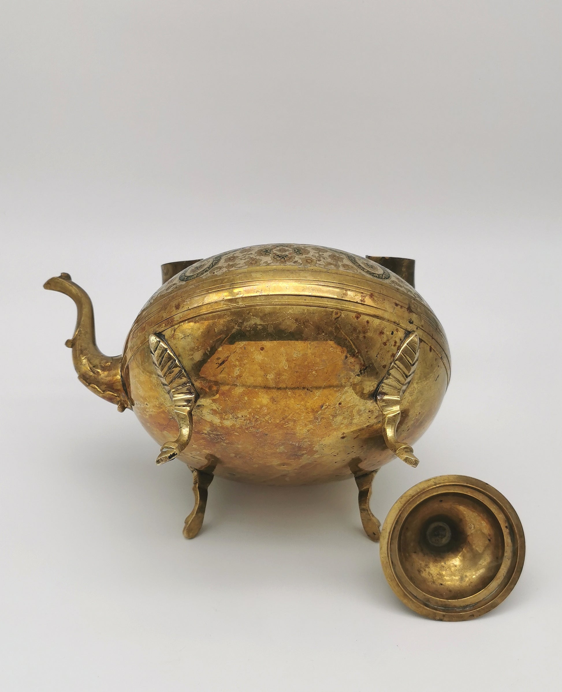 Large Vintage Indian Chinar Leaf Brass Tea Kettle / 4-Legged Cloisonne Teapot with  Enamel
