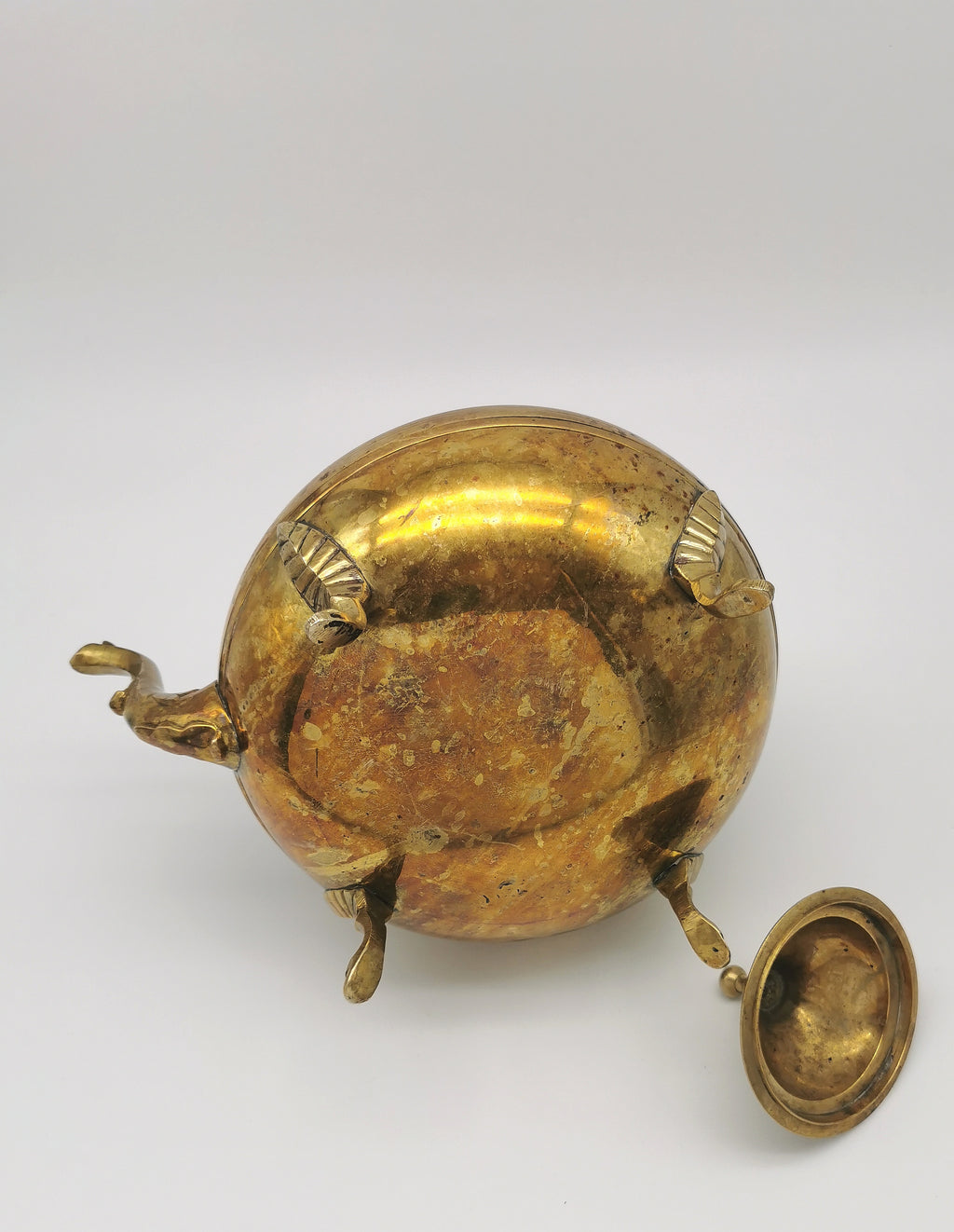 Large Vintage Indian Chinar Leaf Brass Tea Kettle / 4-Legged Cloisonne Teapot with  Enamel
