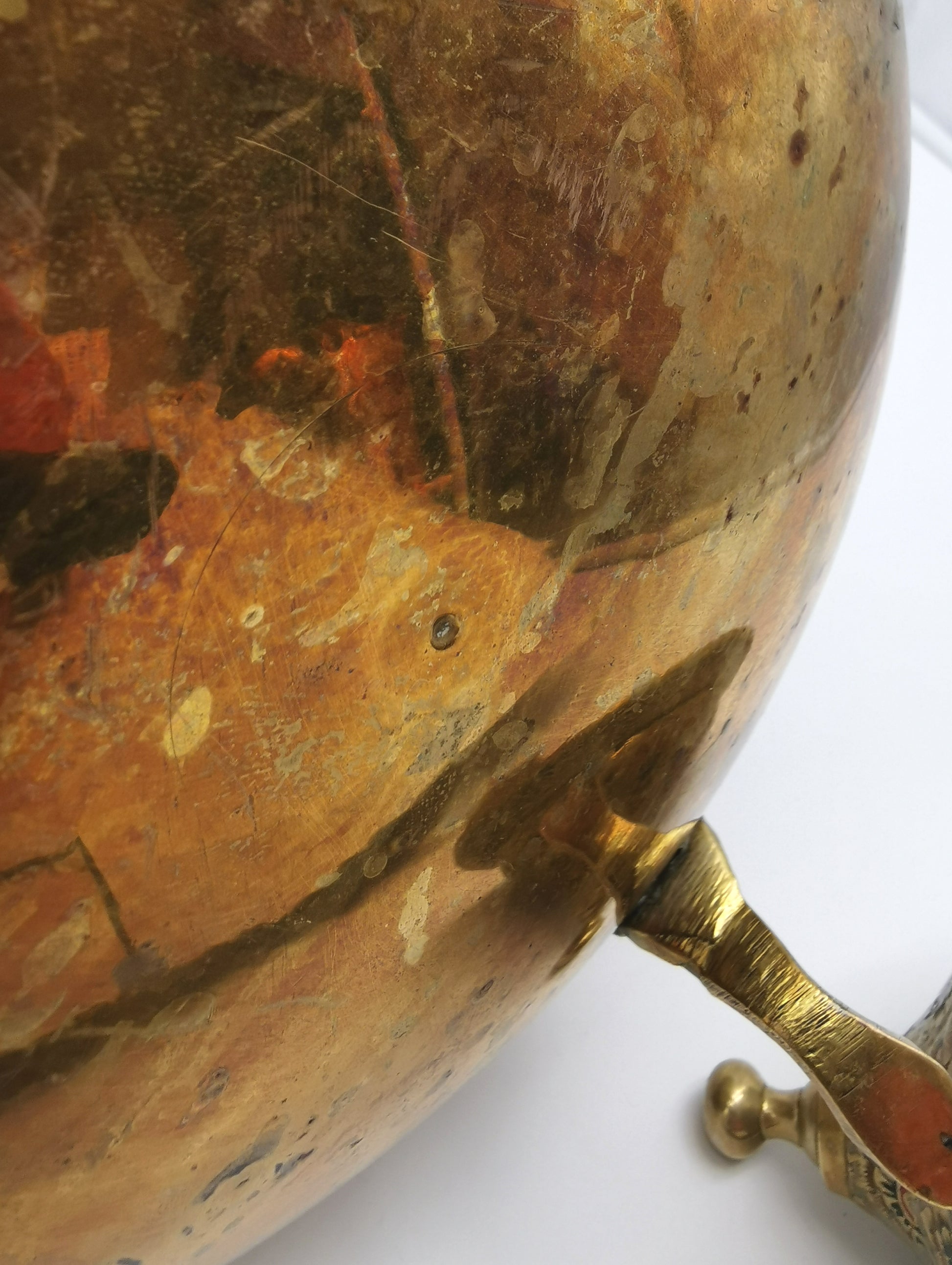 Large Vintage Indian Chinar Leaf Brass Tea Kettle / 4-Legged Cloisonne Teapot with  Enamel
