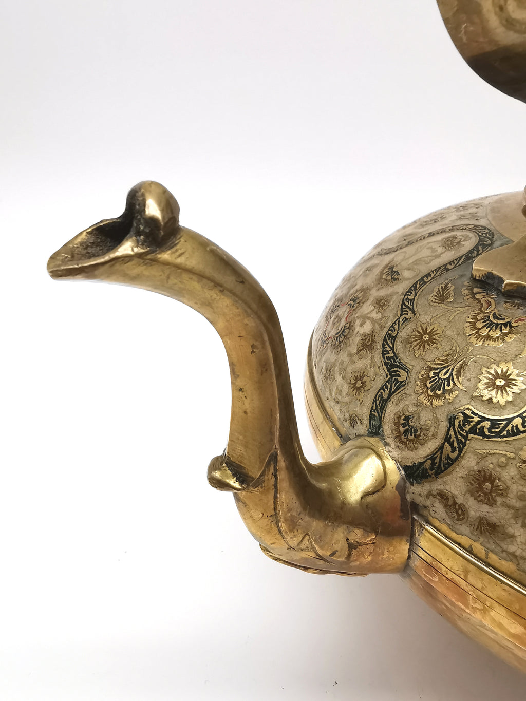 Large Vintage Indian Chinar Leaf Brass Tea Kettle / 4-Legged Cloisonne Teapot with  Enamel