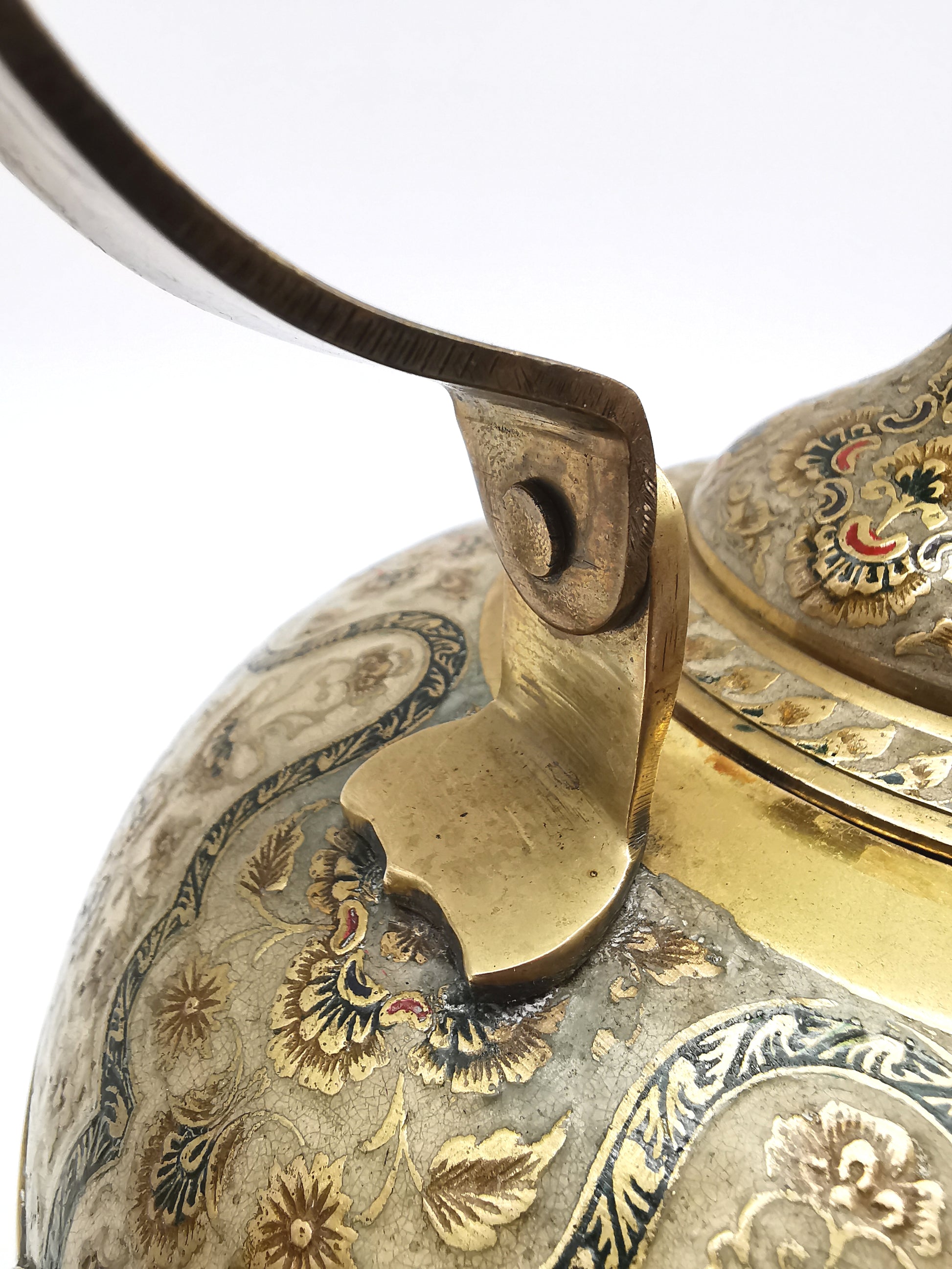 Large Vintage Indian Chinar Leaf Brass Tea Kettle / 4-Legged Cloisonne Teapot with  Enamel