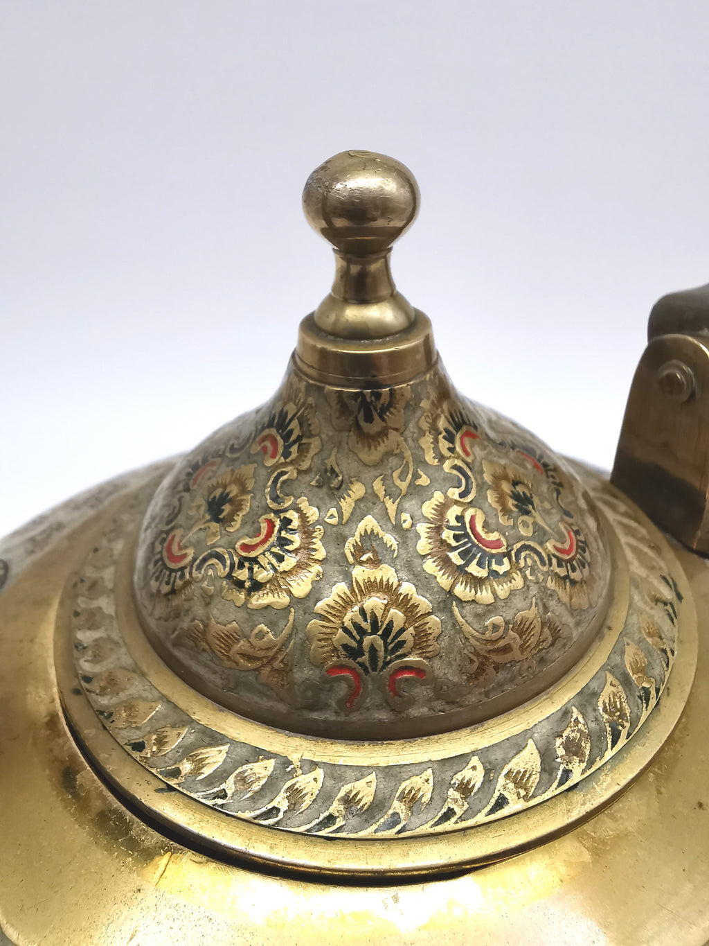 Large Vintage Indian Chinar Leaf Brass Tea Kettle / 4-Legged Cloisonne Teapot with  Enamel