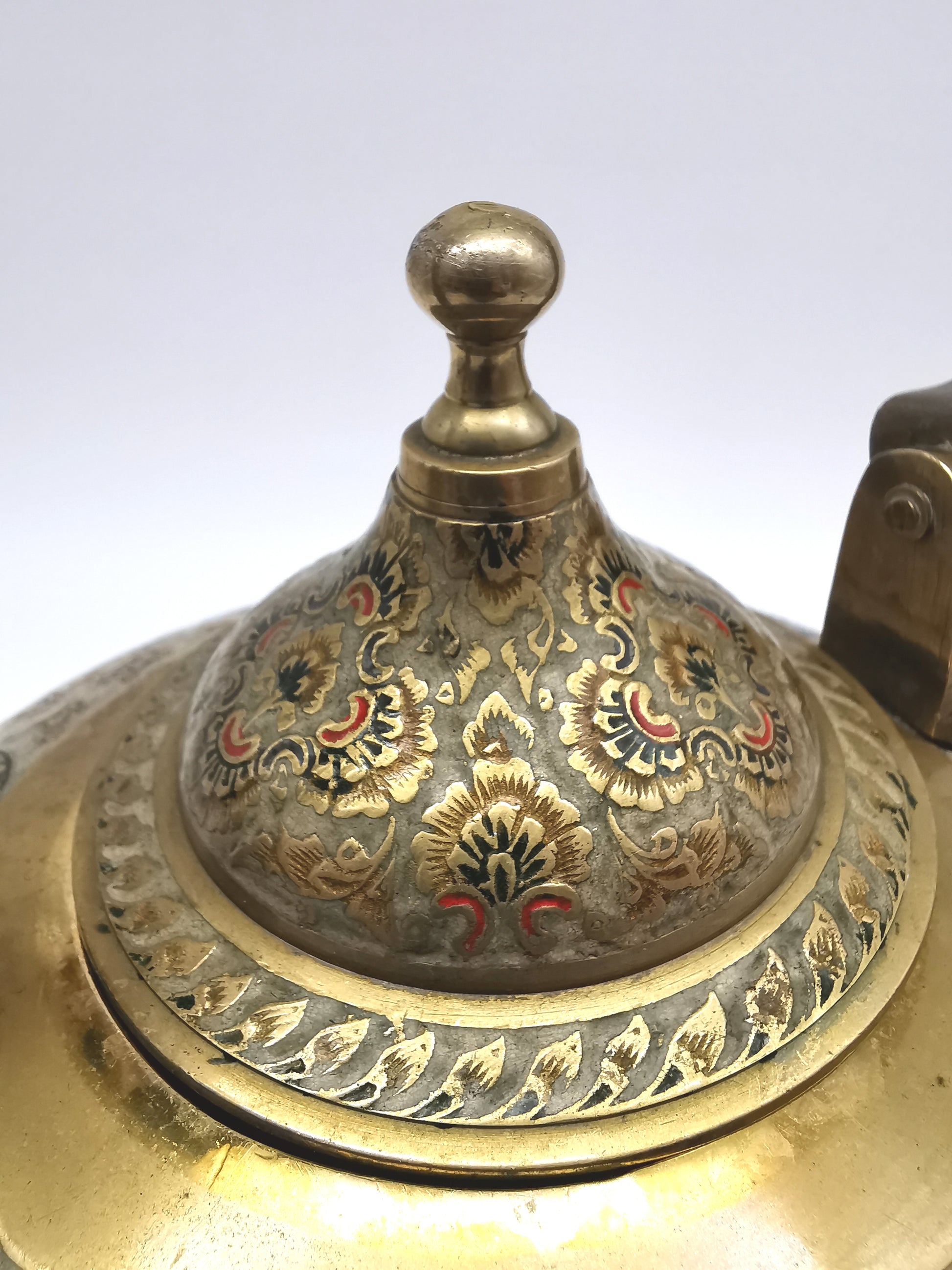 Large Vintage Indian Chinar Leaf Brass Tea Kettle / 4-Legged Cloisonne Teapot with  Enamel