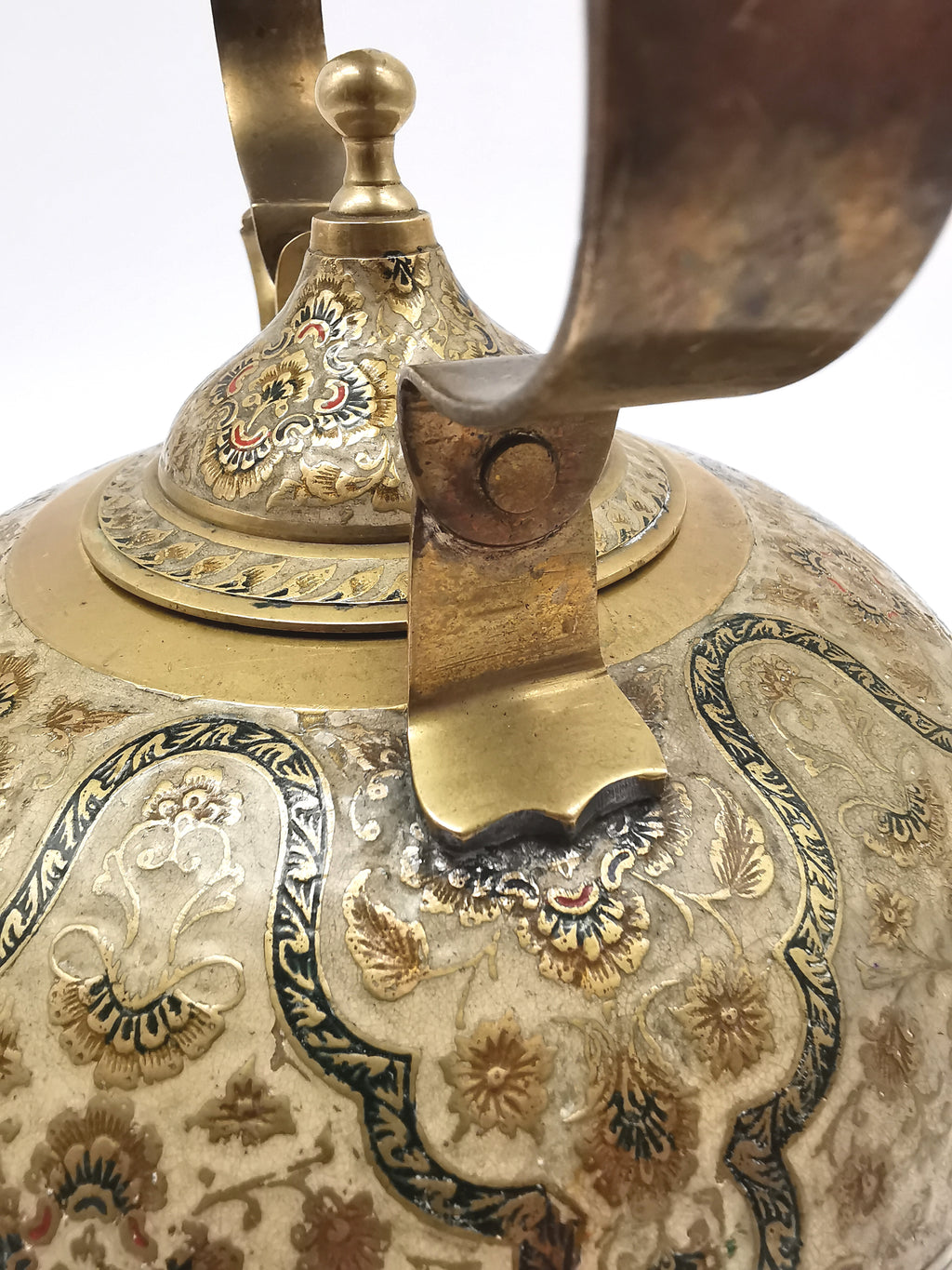 Large Vintage Indian Chinar Leaf Brass Tea Kettle / 4-Legged Cloisonne Teapot with  Enamel