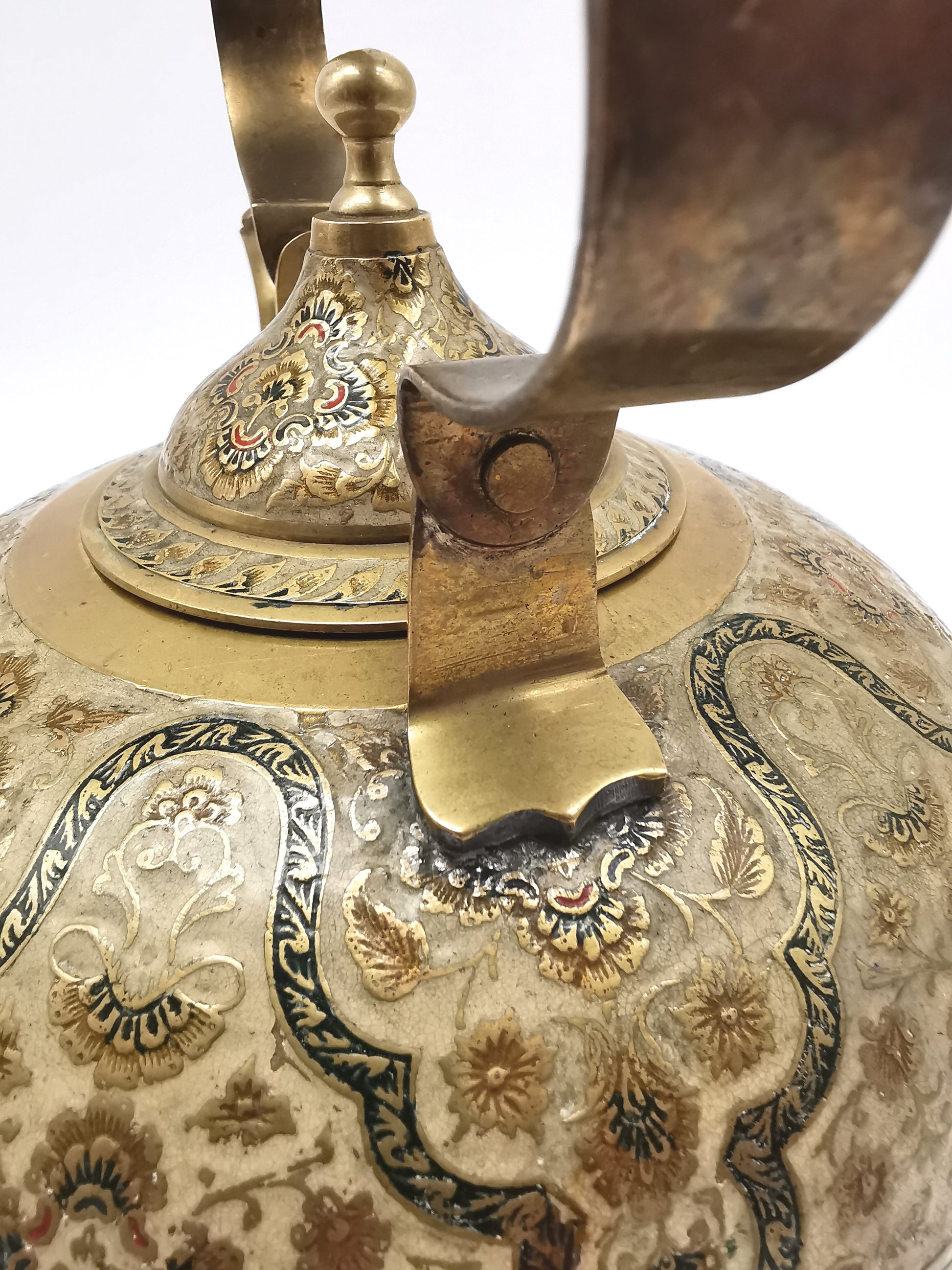 Large Vintage Indian Chinar Leaf Brass Tea Kettle / 4-Legged Cloisonne Teapot with  Enamel