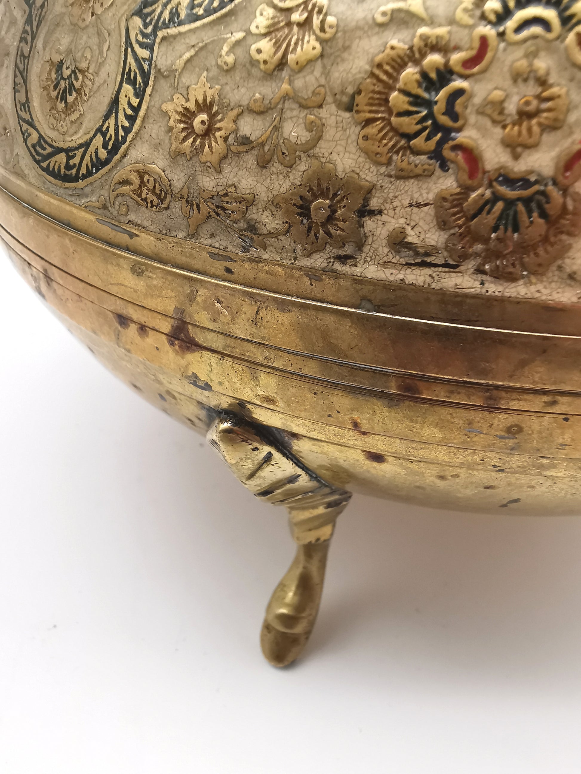 Large Vintage Indian Chinar Leaf Brass Tea Kettle / 4-Legged Cloisonne Teapot with  Enamel