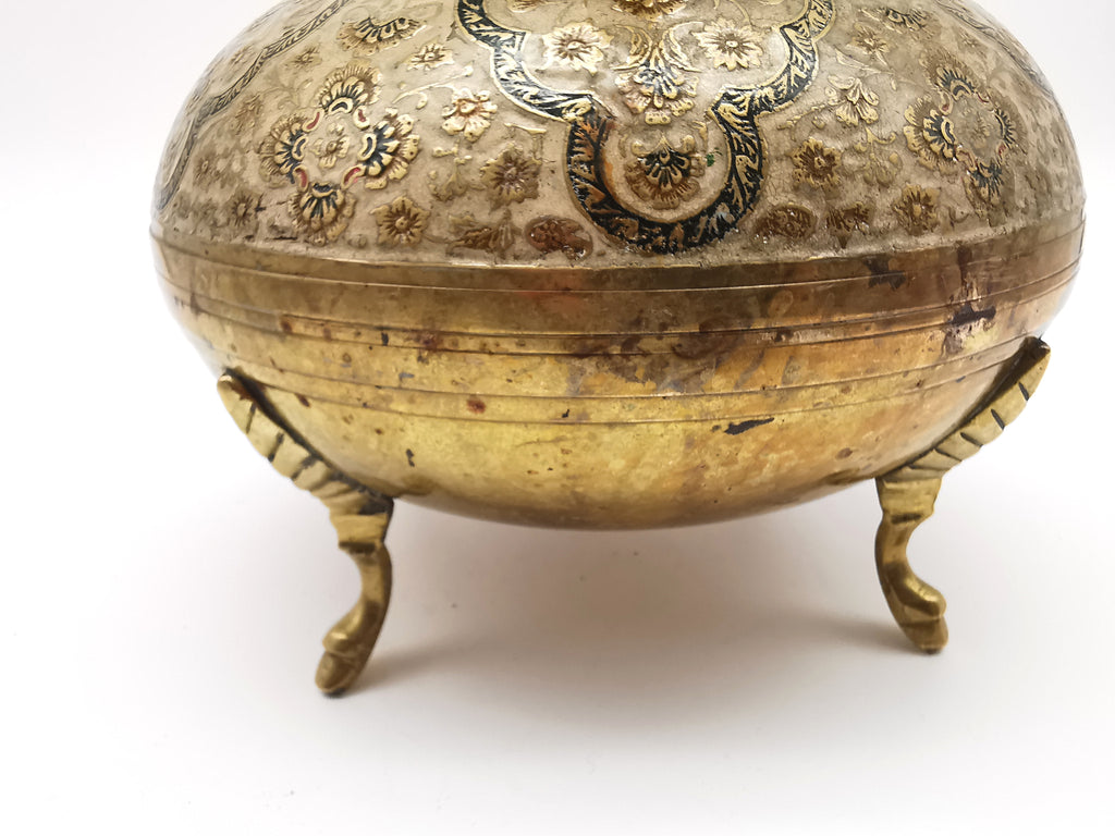 Large Vintage Indian Chinar Leaf Brass Tea Kettle / 4-Legged Cloisonne Teapot with  Enamel
