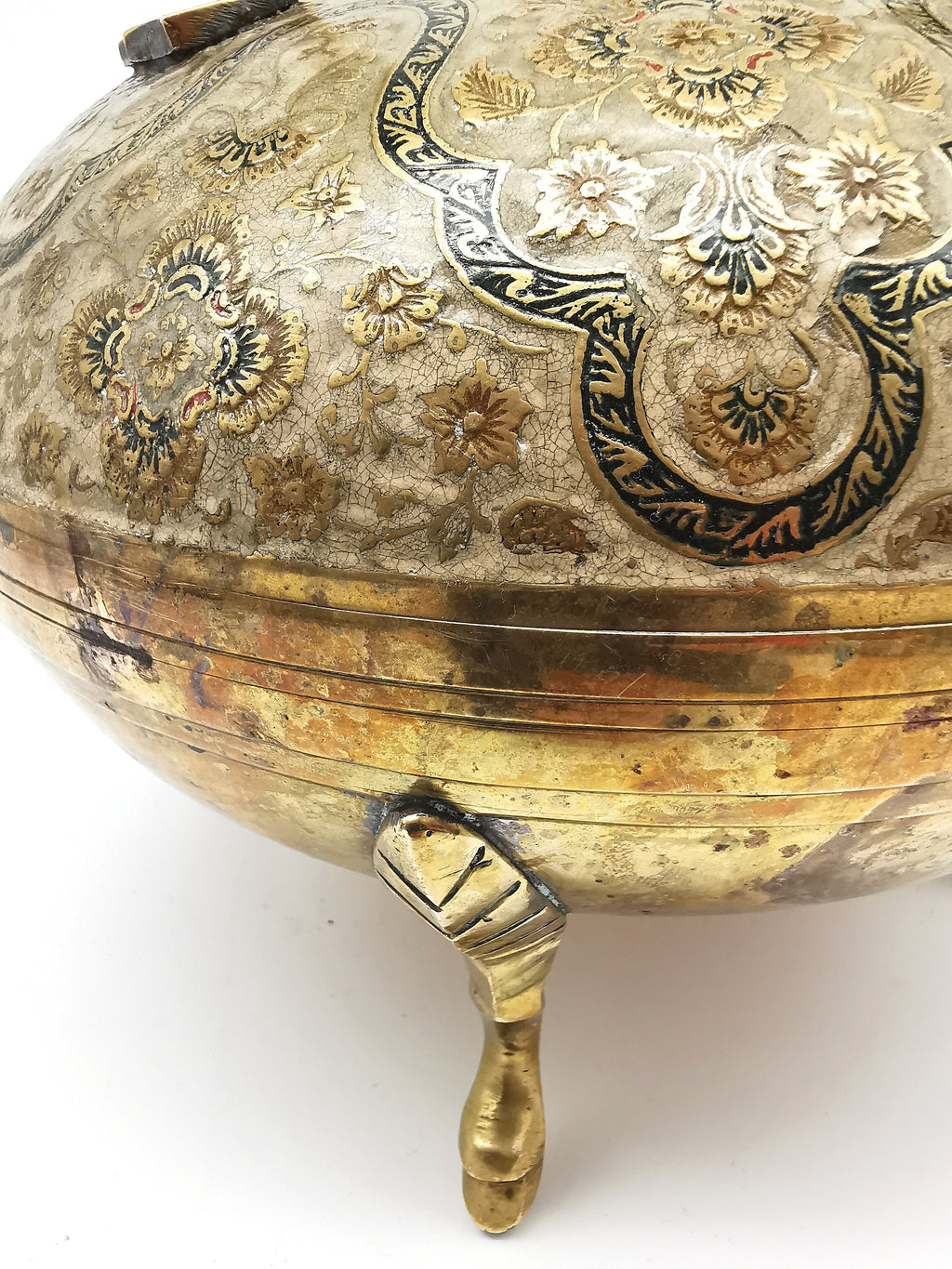 Large Vintage Indian Chinar Leaf Brass Tea Kettle / 4-Legged Cloisonne Teapot with  Enamel
