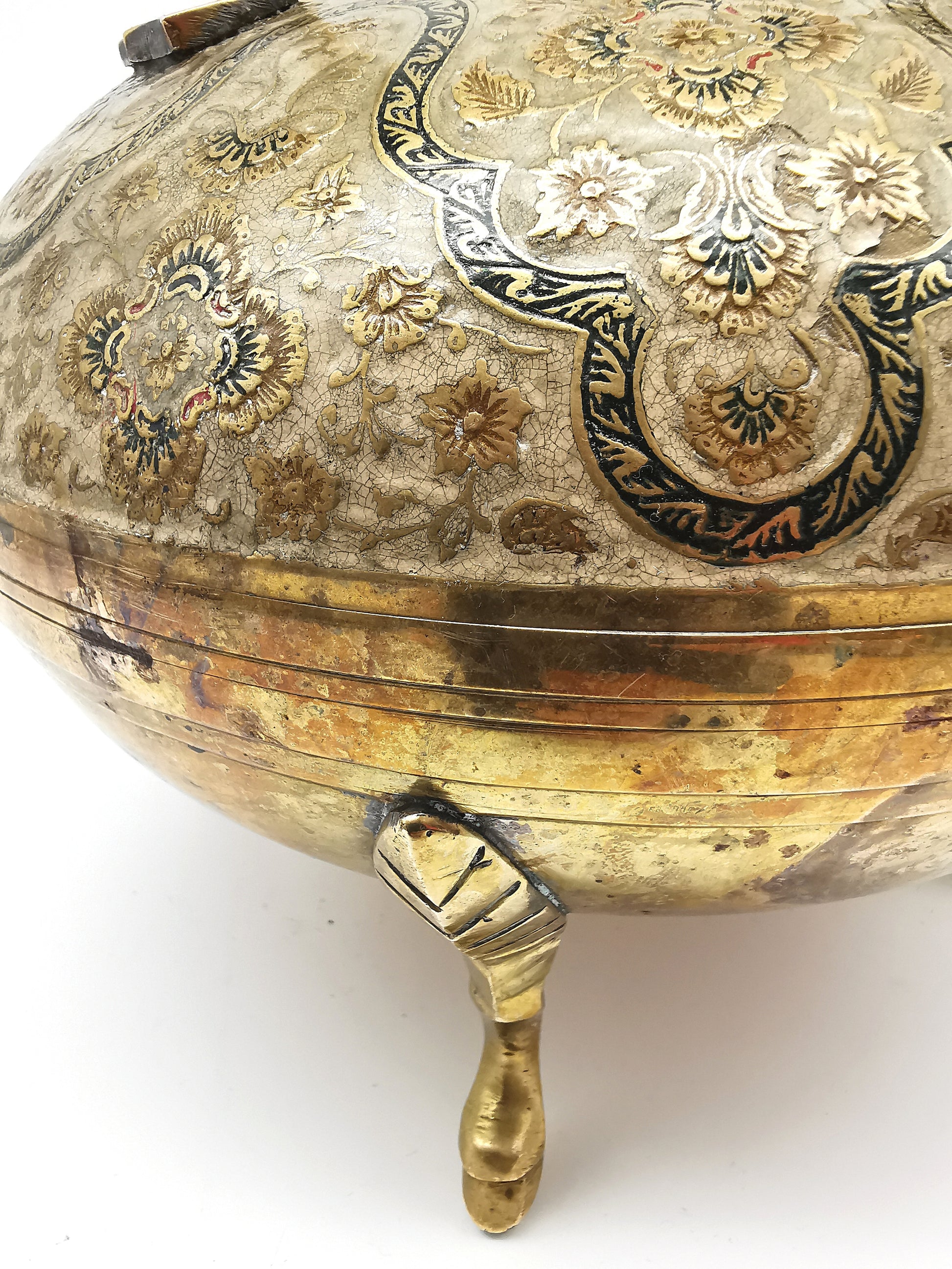 Large Vintage Indian Chinar Leaf Brass Tea Kettle / 4-Legged Cloisonne Teapot with  Enamel