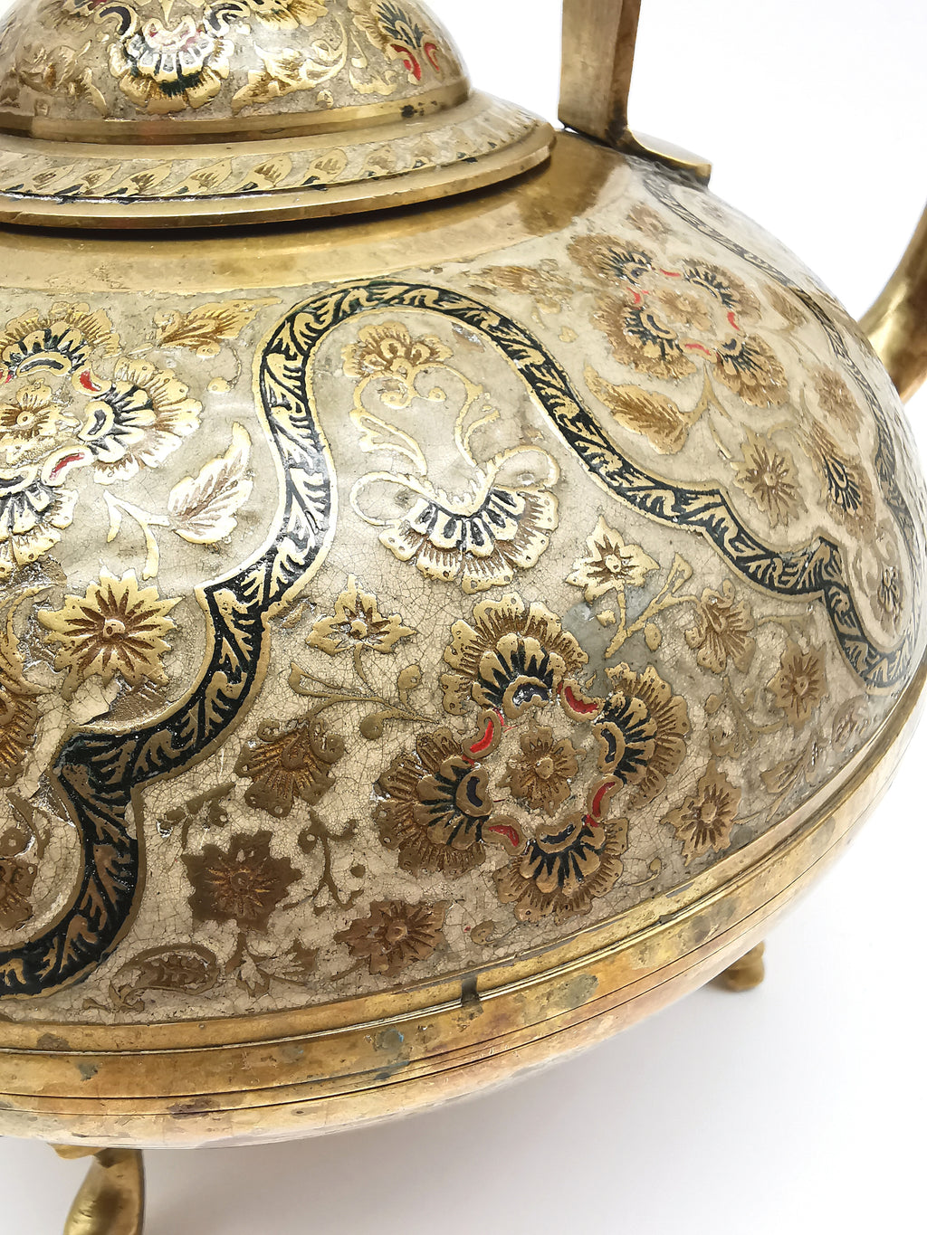 Large Vintage Indian Chinar Leaf Brass Tea Kettle / 4-Legged Cloisonne Teapot with  Enamel