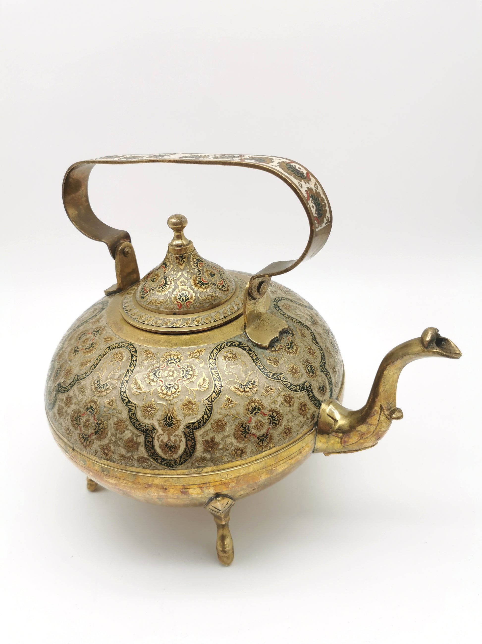 Large Vintage Indian Chinar Leaf Brass Tea Kettle / 4-Legged Cloisonne Teapot with  Enamel