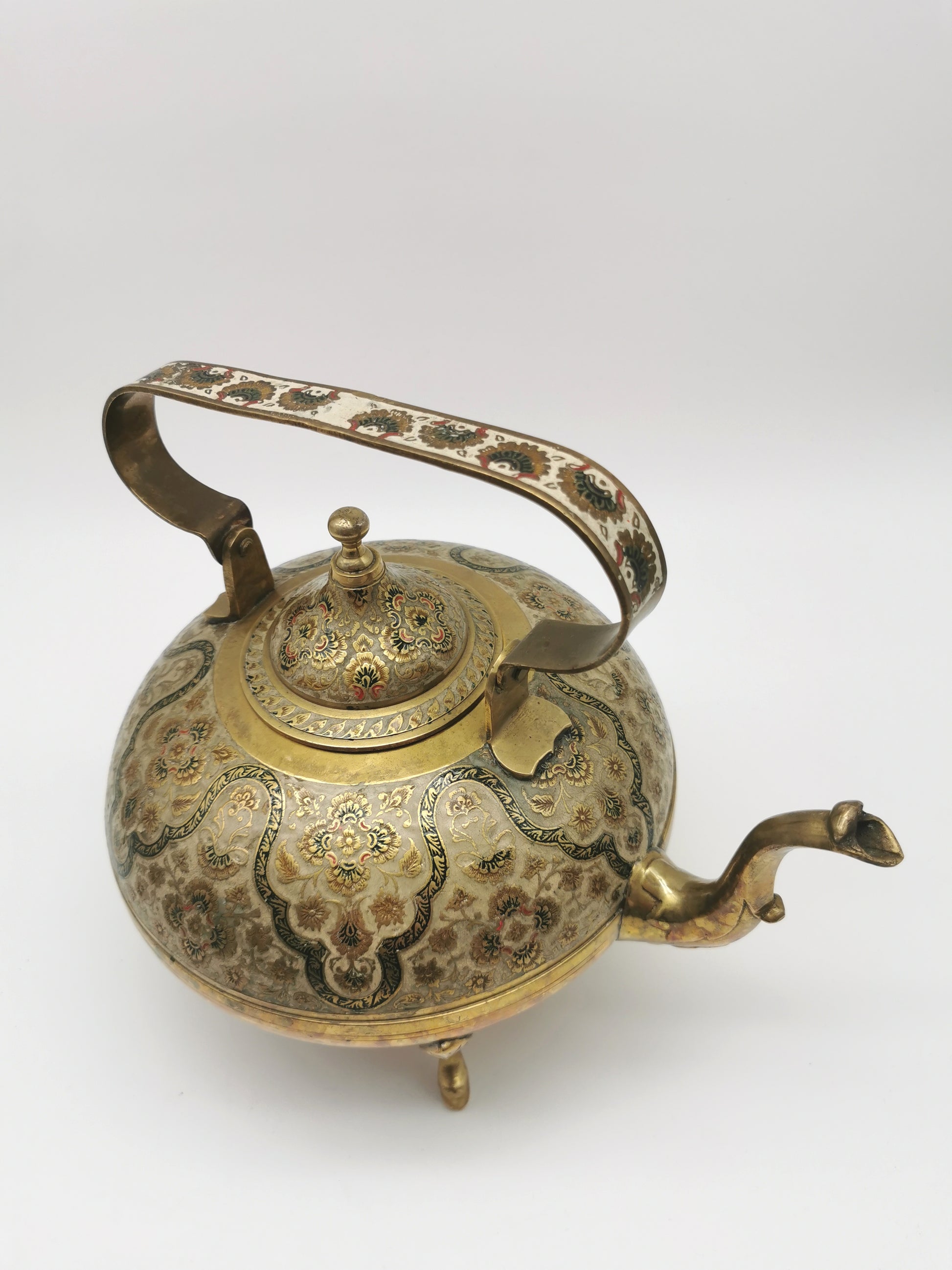 Large Vintage Indian Chinar Leaf Brass Tea Kettle / 4-Legged Cloisonne Teapot with  Enamel
