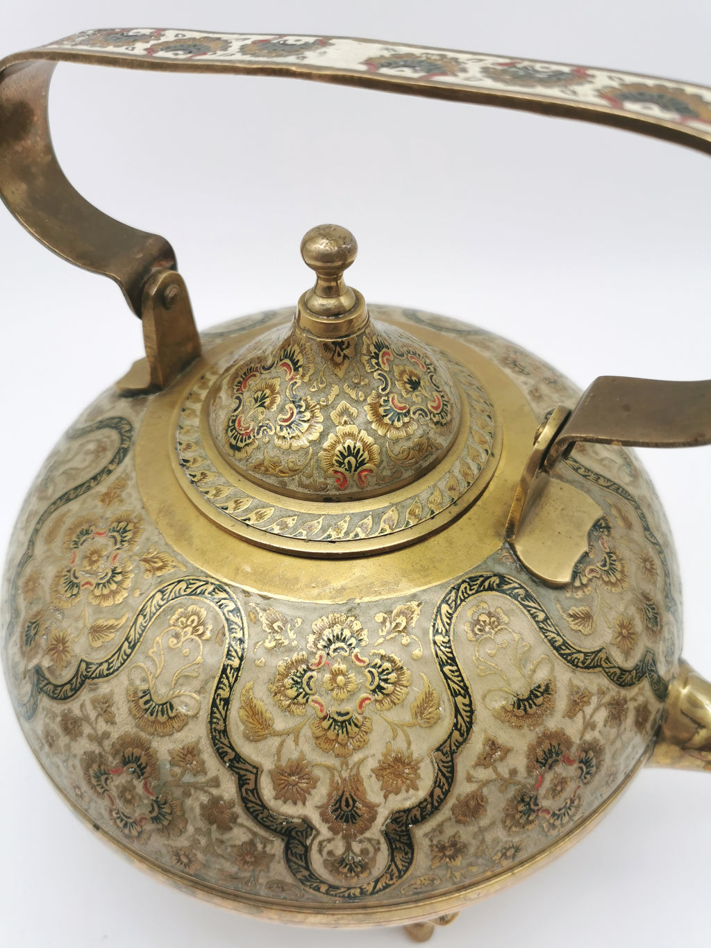 Large Vintage Indian Chinar Leaf Brass Tea Kettle / 4-Legged Cloisonne Teapot with  Enamel