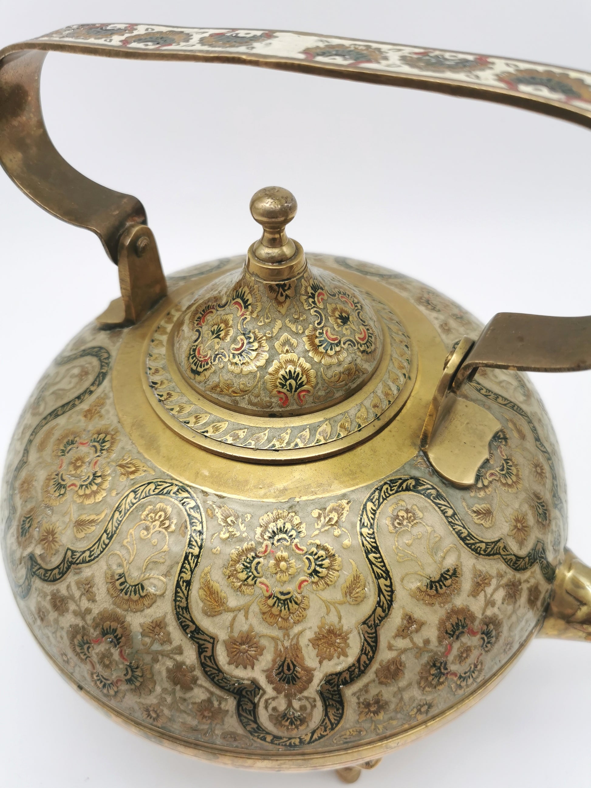 Large Vintage Indian Chinar Leaf Brass Tea Kettle / 4-Legged Cloisonne Teapot with  Enamel