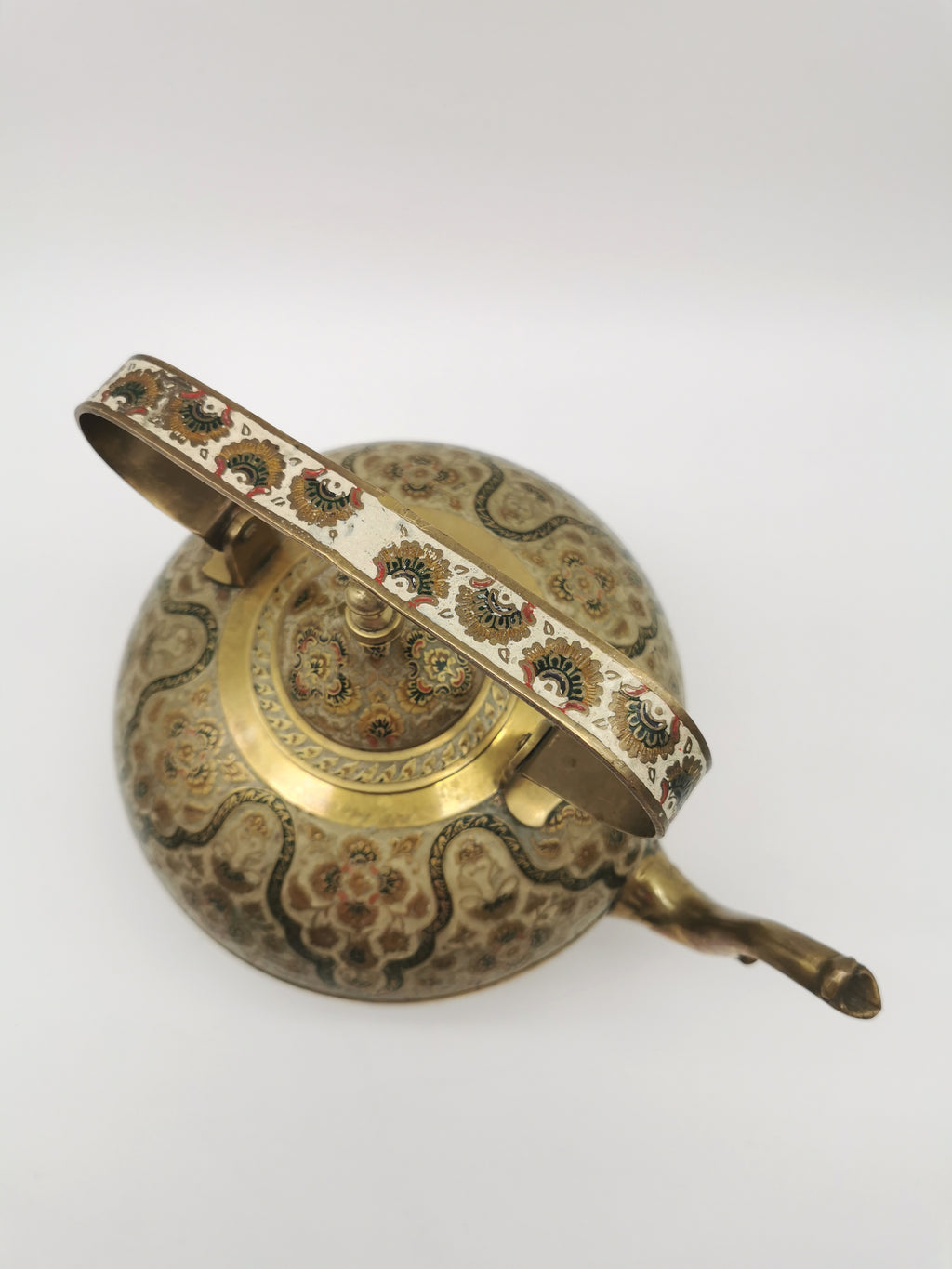 Large Vintage Indian Chinar Leaf Brass Tea Kettle / 4-Legged Cloisonne Teapot with  Enamel