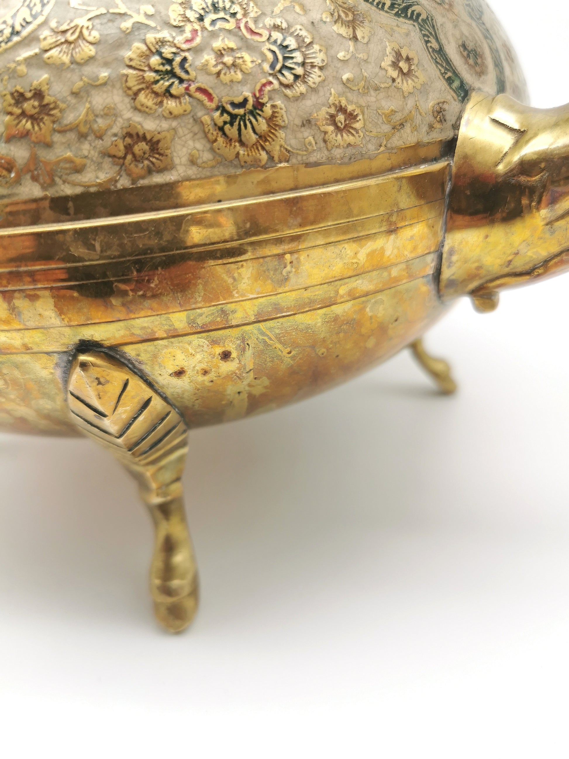 Large Vintage Indian Chinar Leaf Brass Tea Kettle / 4-Legged Cloisonne Teapot with  Enamel