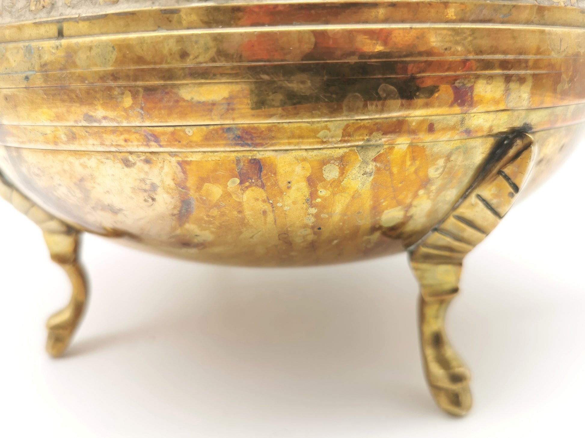 Large Vintage Indian Chinar Leaf Brass Tea Kettle / 4-Legged Cloisonne Teapot with  Enamel