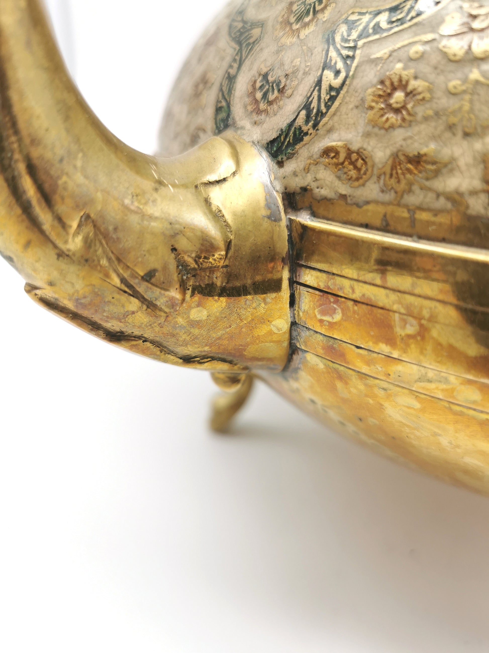 Large Vintage Indian Chinar Leaf Brass Tea Kettle / 4-Legged Cloisonne Teapot with  Enamel