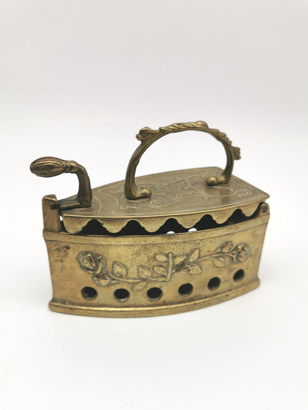 Vintage Ornate Brass Charcoal Iron - Rose & Star Relief