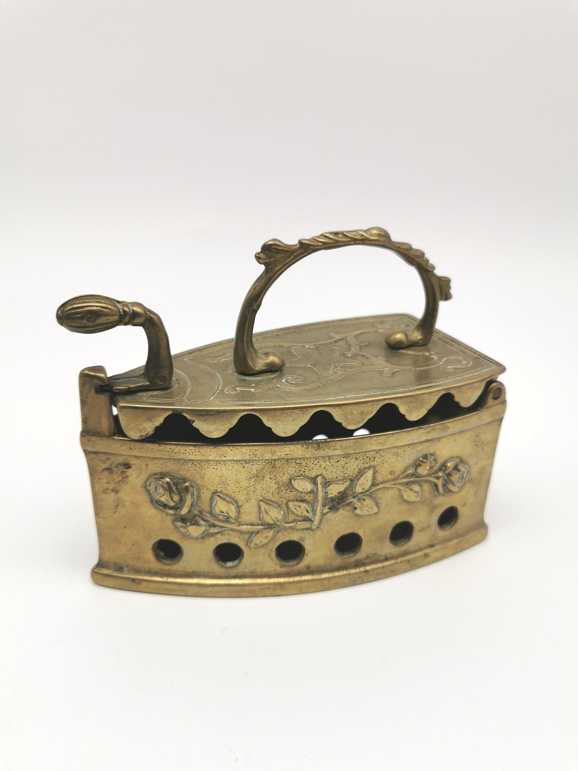 Vintage Ornate Brass Charcoal Iron - Rose & Star Relief