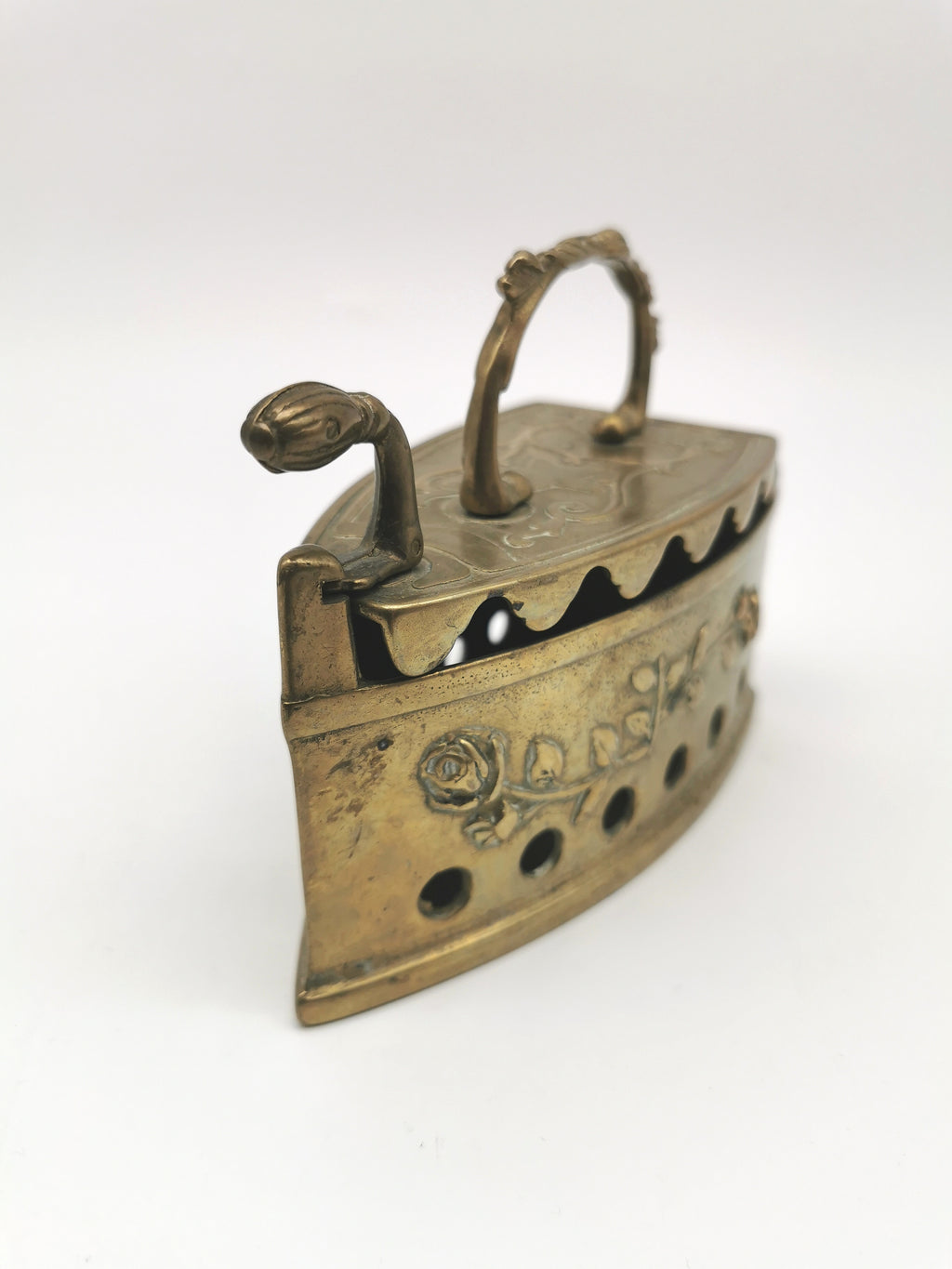 Vintage Ornate Brass Charcoal Iron - Rose & Star Relief