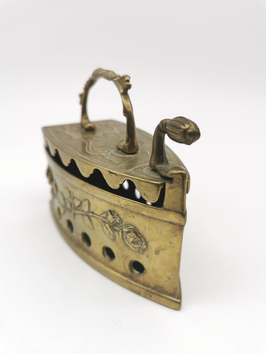 Vintage Ornate Brass Charcoal Iron - Rose & Star Relief