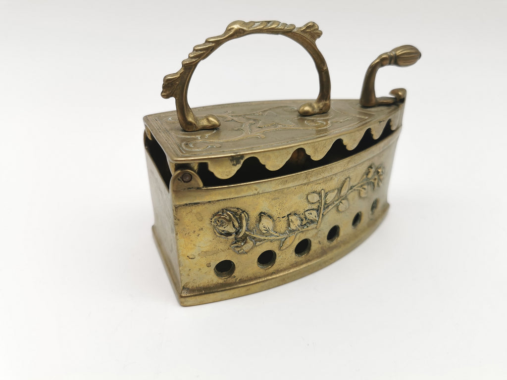 Vintage Ornate Brass Charcoal Iron - Rose & Star Relief