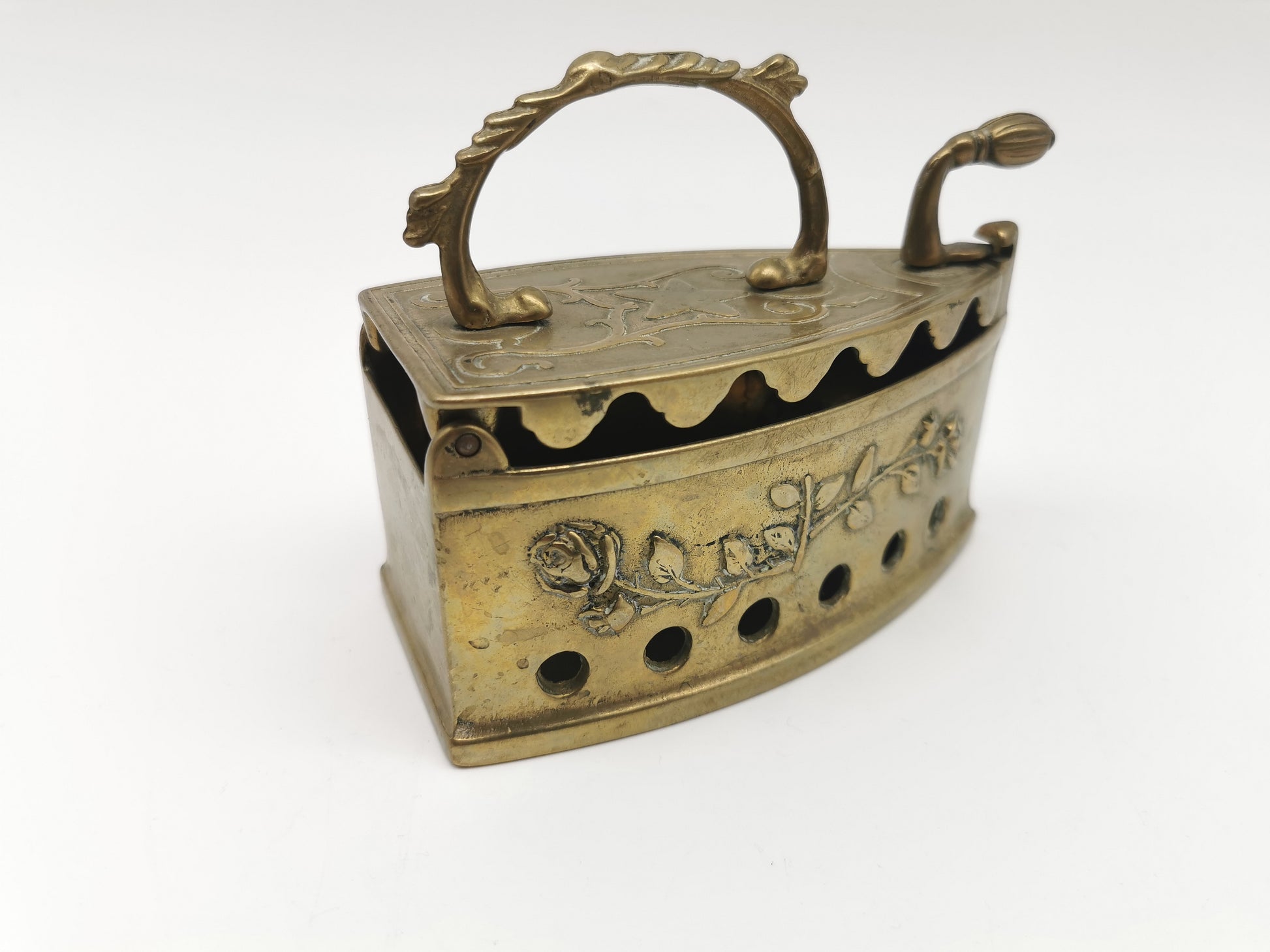 Vintage Ornate Brass Charcoal Iron - Rose & Star Relief