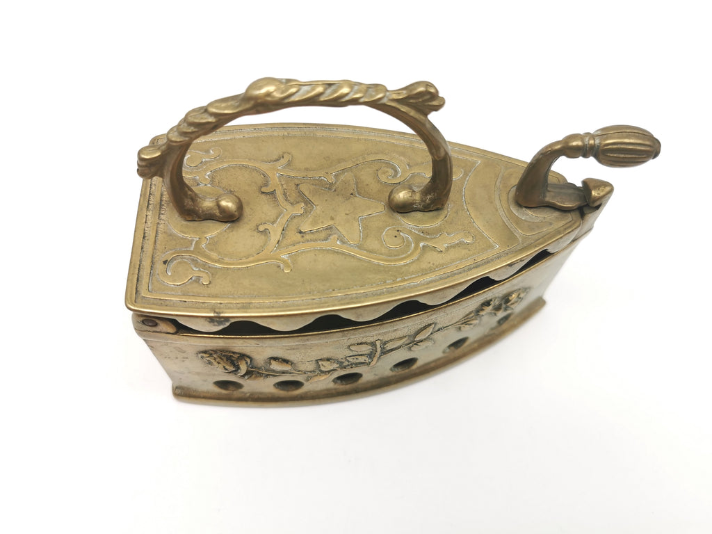 Vintage Ornate Brass Charcoal Iron - Rose & Star Relief