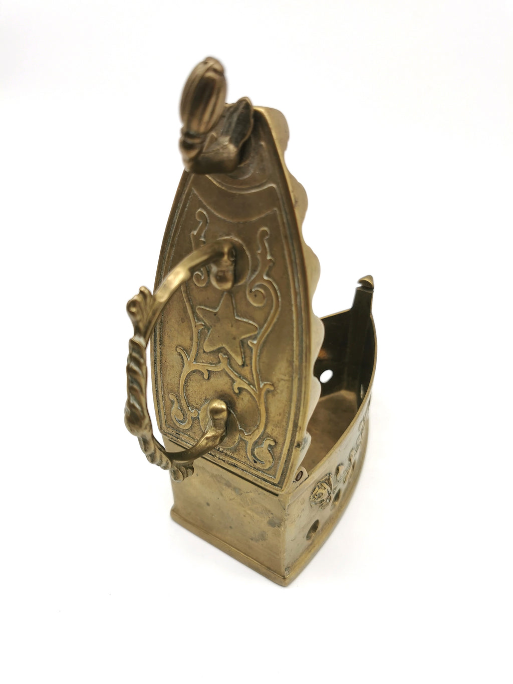 Vintage Ornate Brass Charcoal Iron - Rose & Star Relief